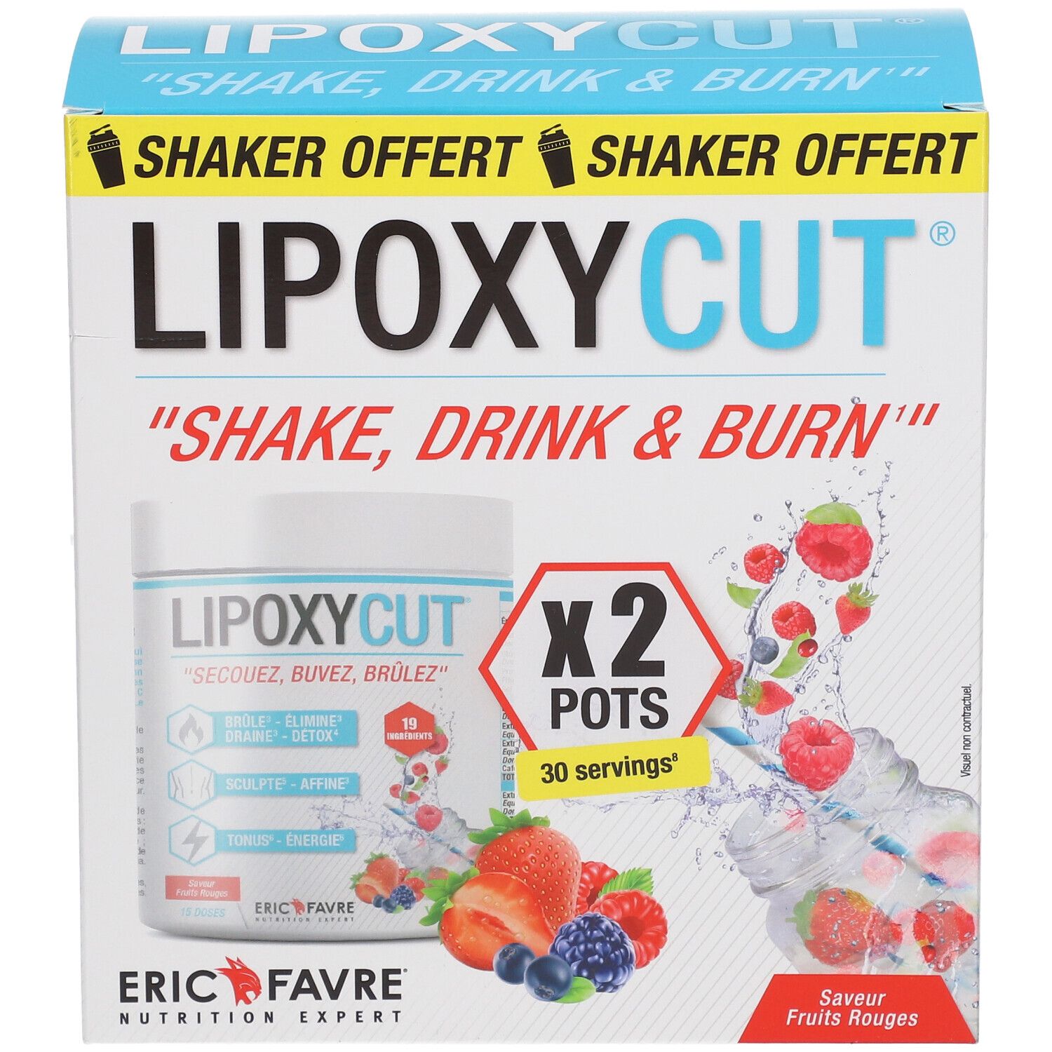 Lipoxycut-Box mit zwei Behältern und Früchten. Text: "Shake, Drink & Burn". Marke: ERIC FAVRE.