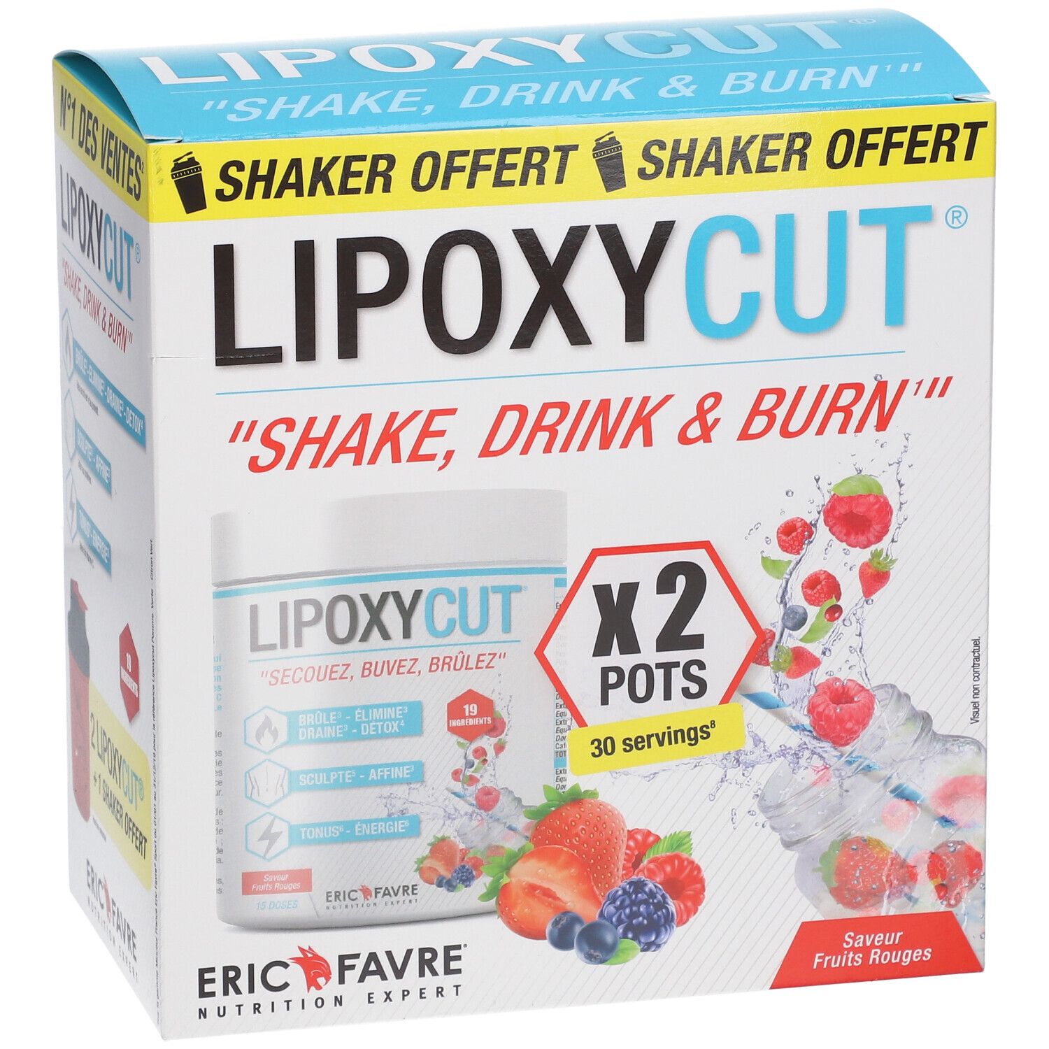 Lipoxycut-Box mit zwei Behältern und Früchten. Text: "Shake, Drink & Burn". Marke: ERIC FAVRE.