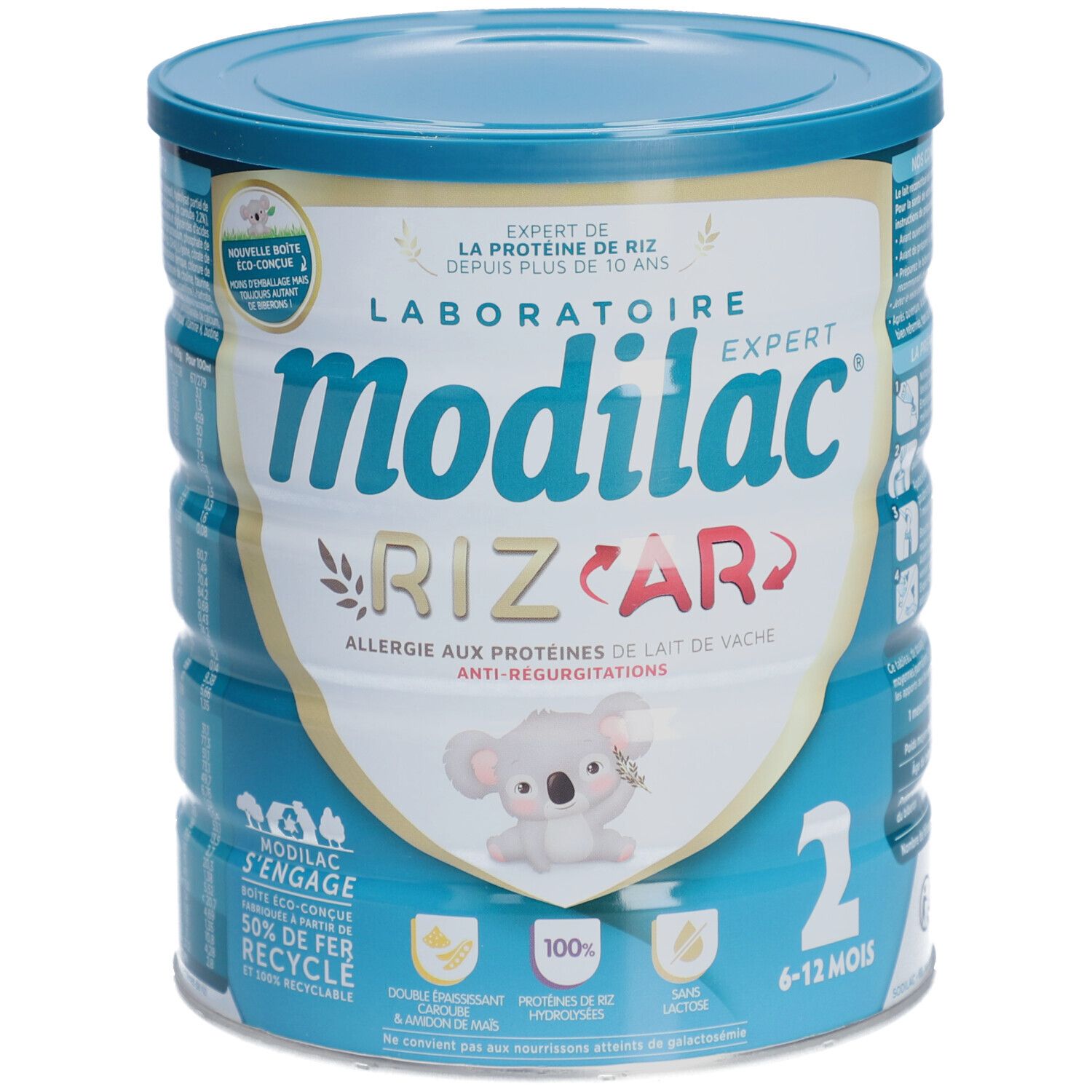 Boîte de lait Modilac Expert Riz AR. Inscription: Allergie aux protéines de lait de vache, Anti-regurgitations. Illustration d'un koala.