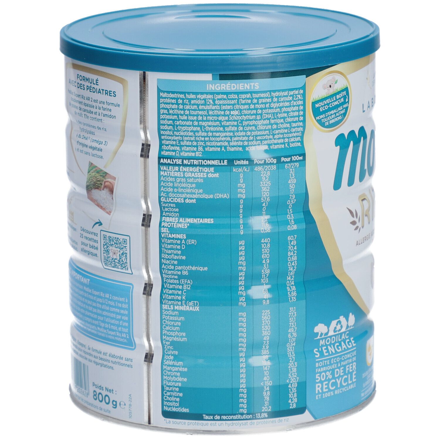 Dos de la boîte Modilac Expert Riz AR. Contient la liste des ingrédients et les valeurs nutritionnelles. 800g. Logo de recyclage.