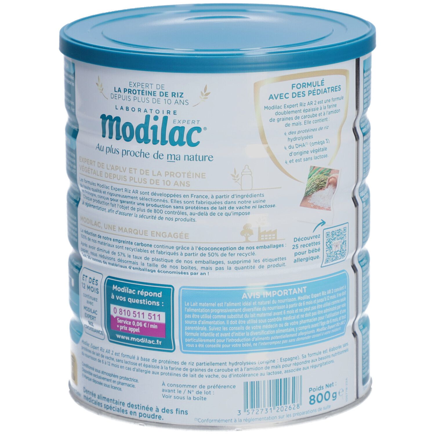Dos de la boîte Modilac Expert Riz AR. Texte sur la formule et la marque. 800g. Logo de recyclage.