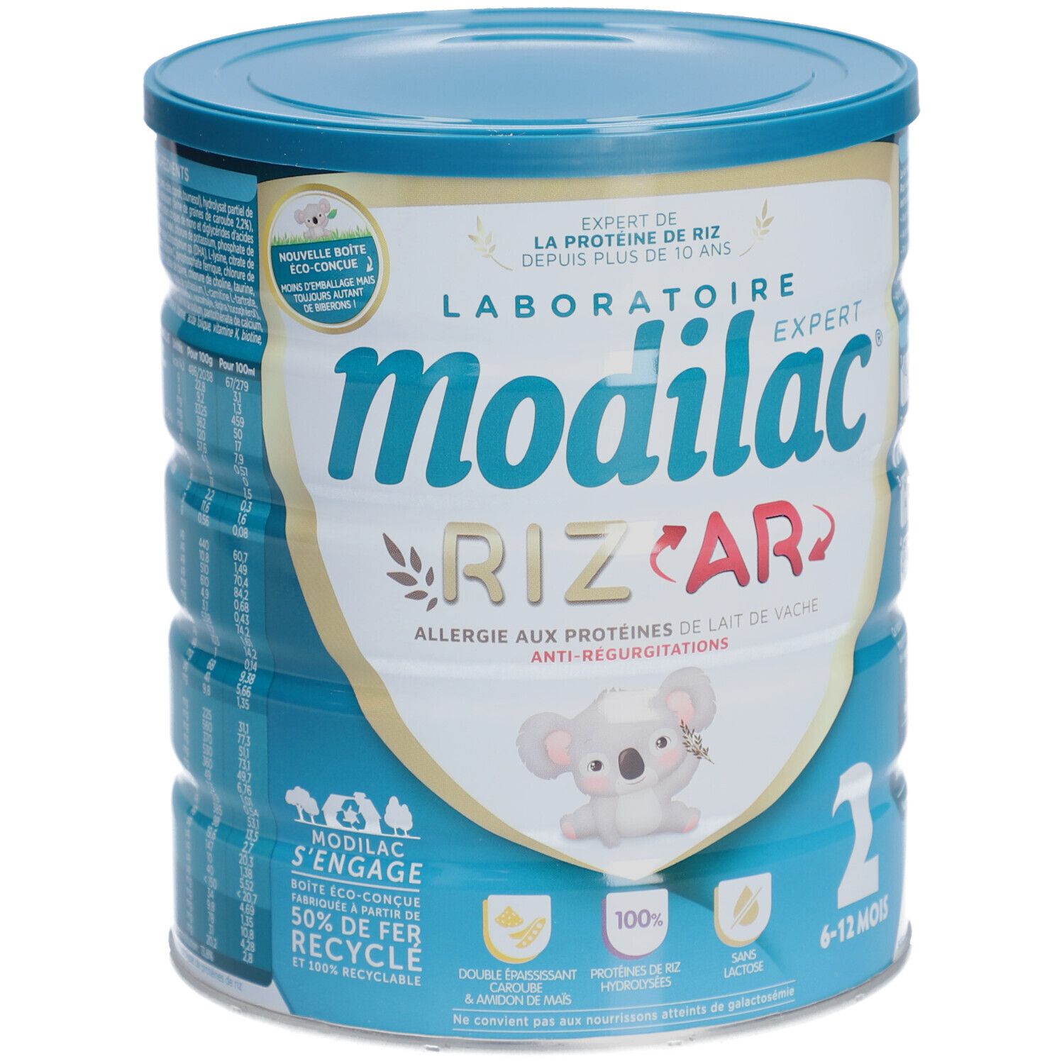 Boîte de lait Modilac Expert Riz AR. Inscription: Allergie aux protéines de lait de vache, Anti-regurgitations. Koala.