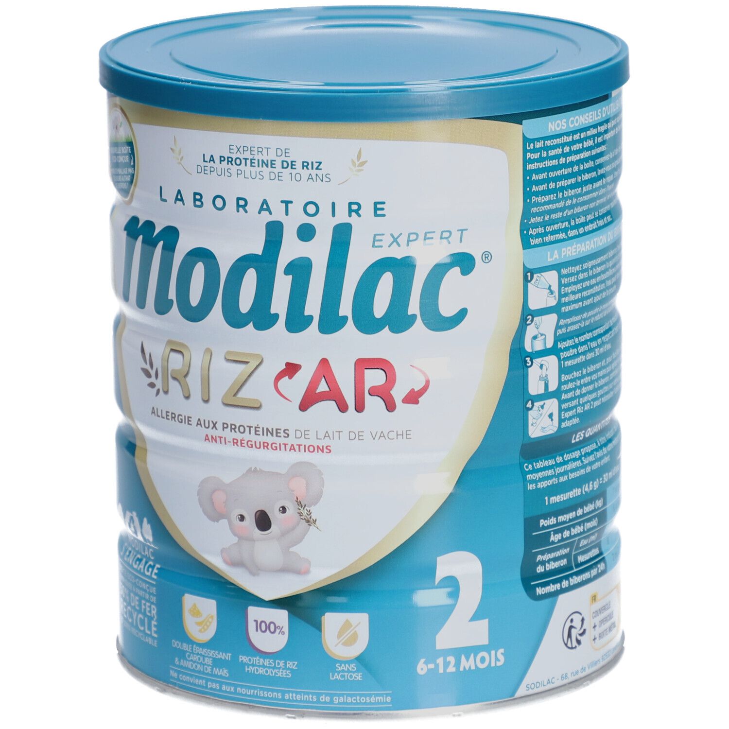 Boîte de lait Modilac Expert Riz AR. Inscription: Allergie aux protéines de lait de vache, Anti-regurgitations. Koala.