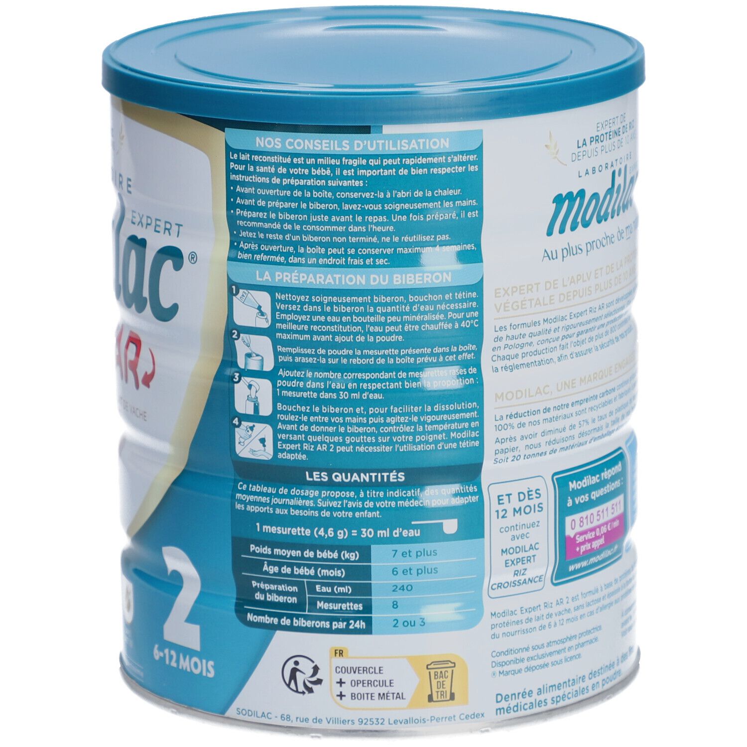 Dos de la boîte Modilac Expert Riz AR. Conseils d'utilisation et tableau de dosage. Logo de recyclage.