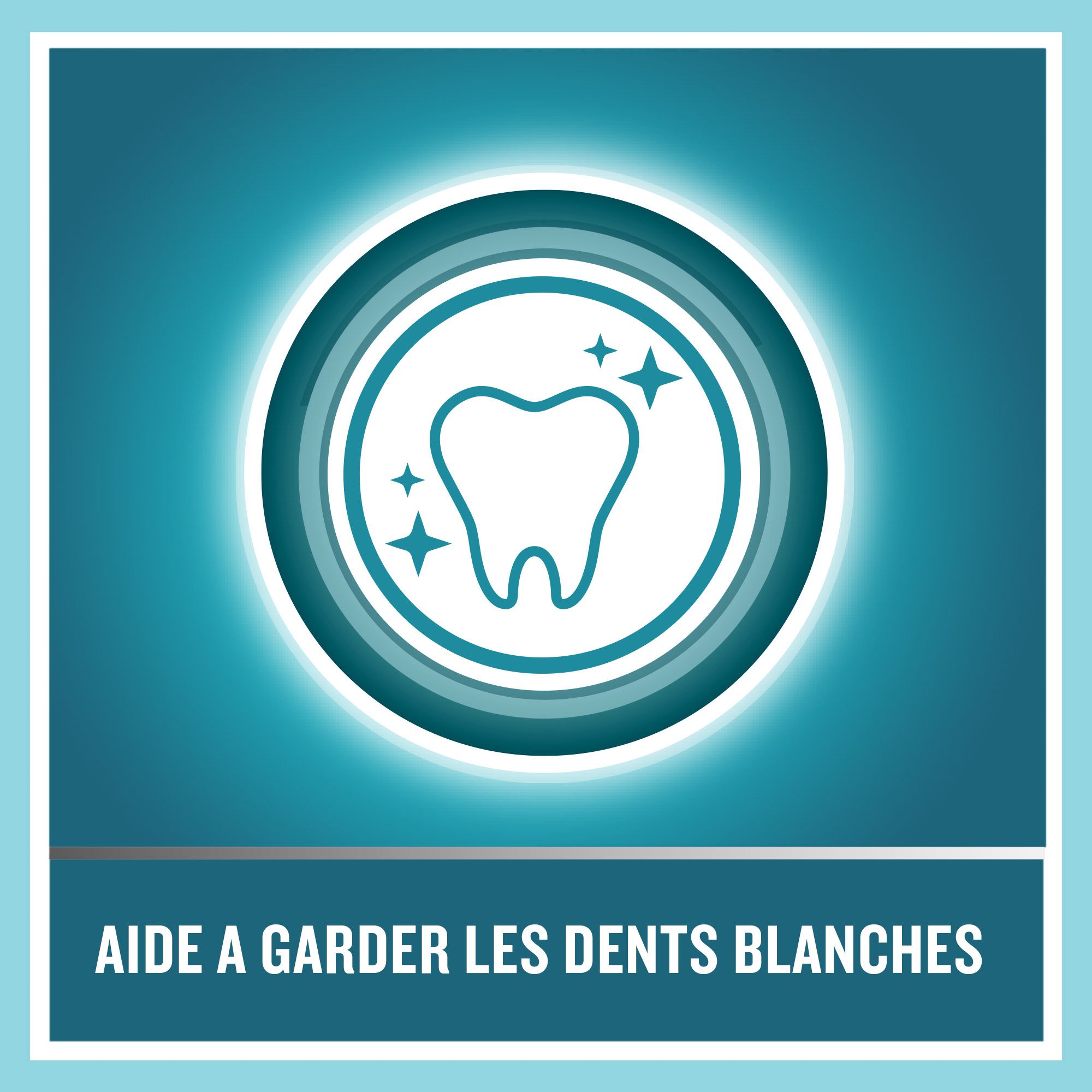 Kreisförmiges Icon mit Zahn und Sternen. Text: Aide à garder les dents blanches.