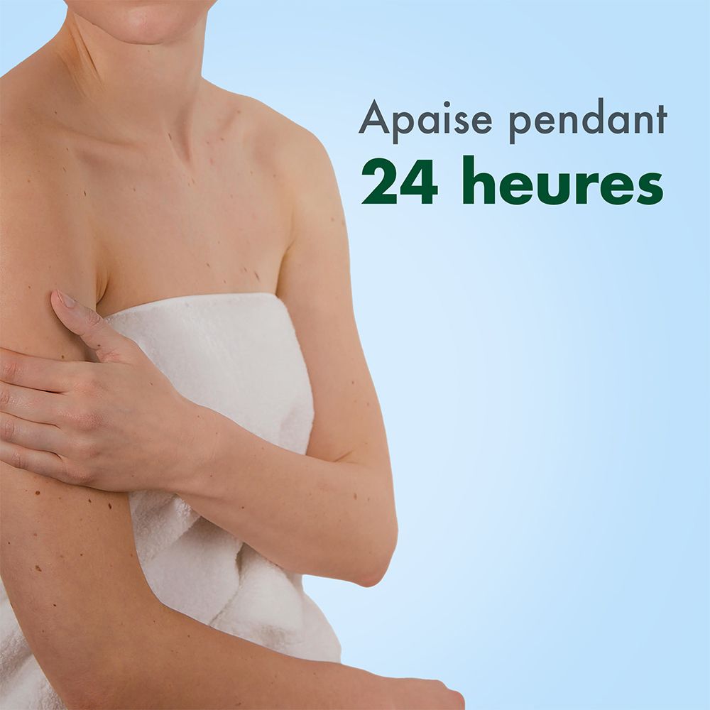 Personne avec une serviette. Texte: Apaise pendant 24 heures. Fond bleu.