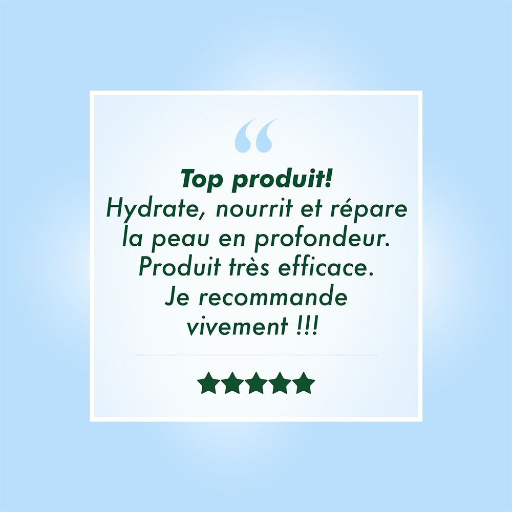 Boîte de citation avec texte: Top produit! Hydrate, nourrit et répare la peau en profondeur. Évaluation du produit: 5 étoiles.