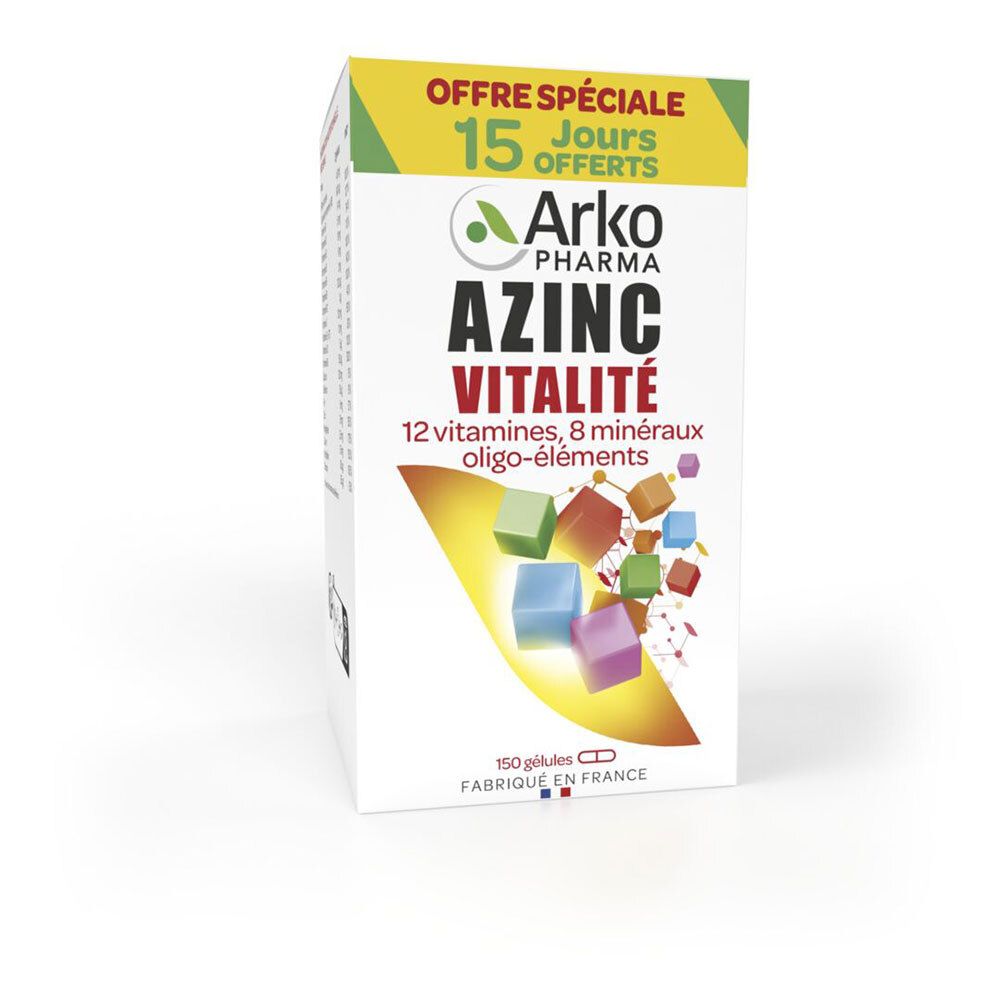 Boîte blanche Arkopharma Azinc Vitalité. Contient 12 vitamines, 8 minéraux, oligo-éléments. 150 gélules.