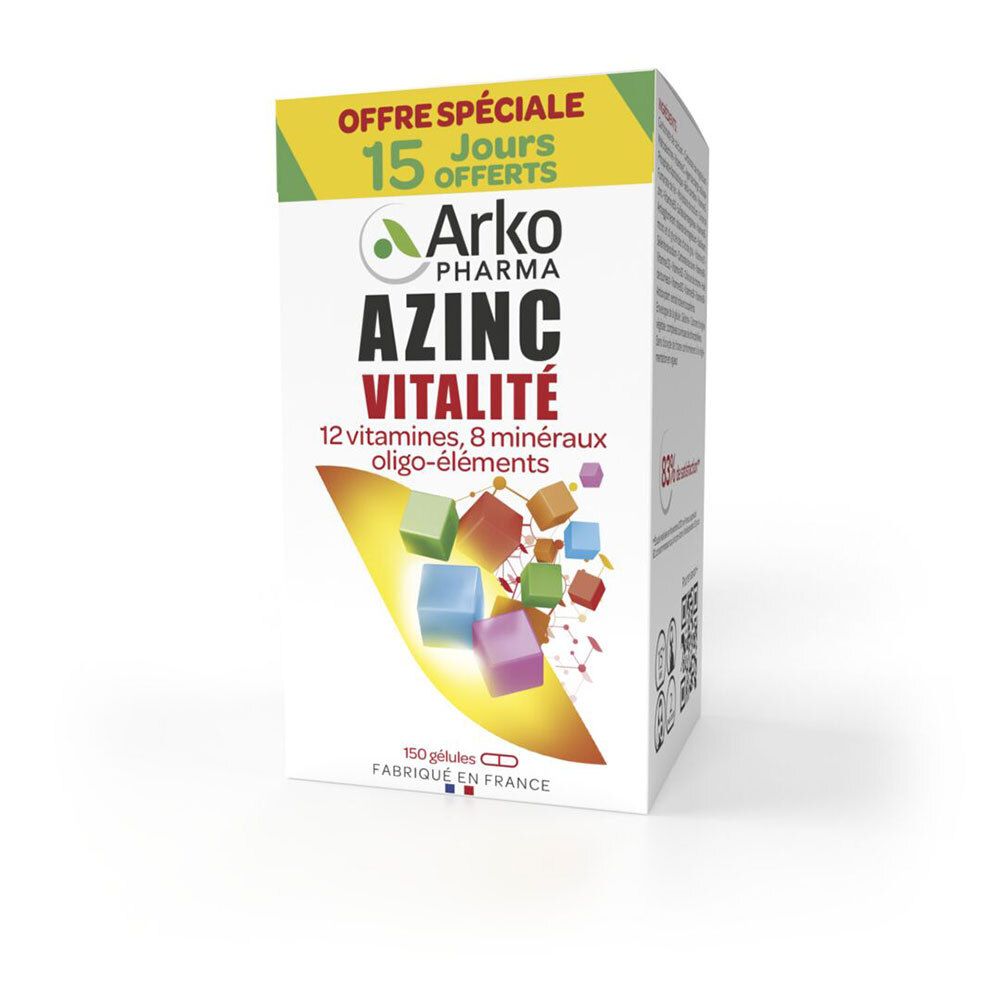 Boîte blanche Arkopharma Azinc Vitalité. Contient 12 vitamines, 8 minéraux, oligo-éléments. 150 gélules.