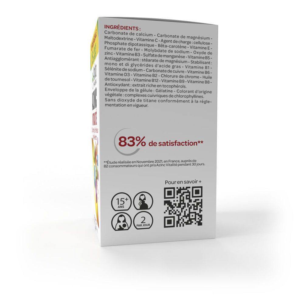 Dos de la boîte avec ingrédients et informations sur Arkopharma Azinc Vitalité. Contient 83% de satisfaction.