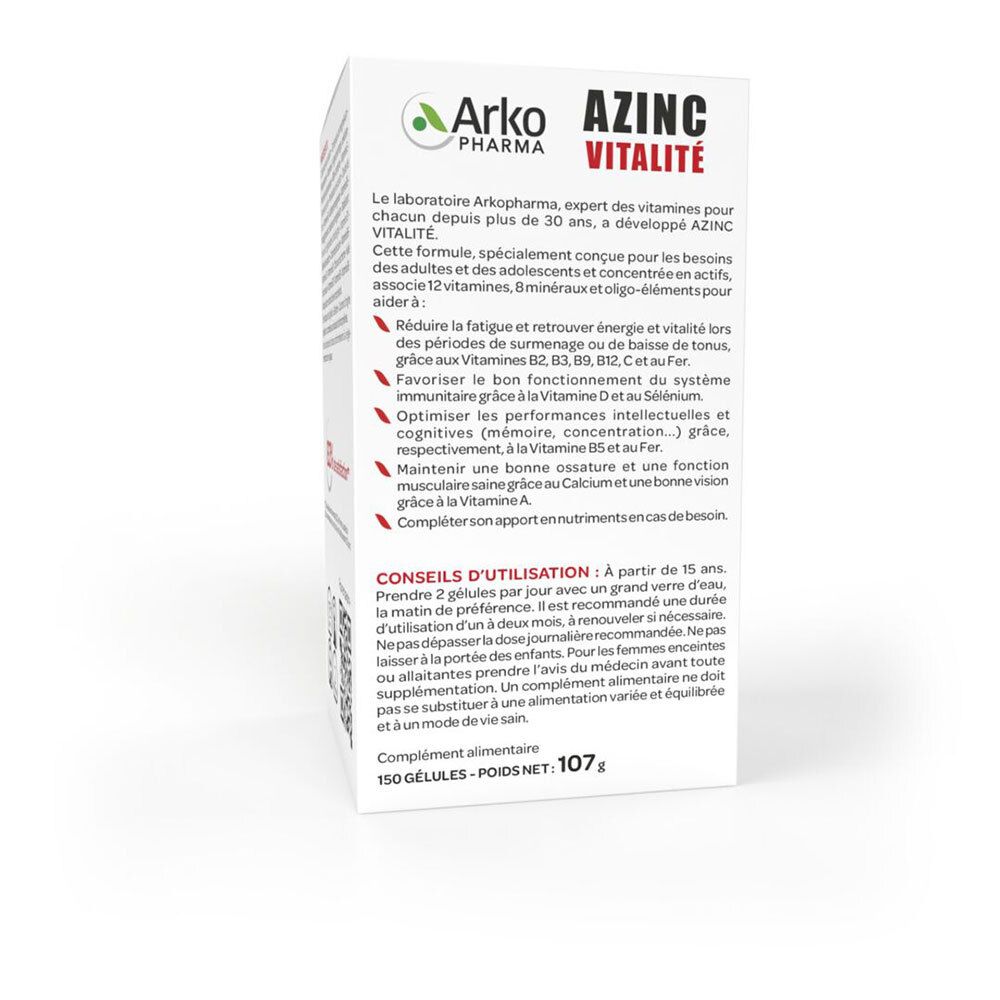 Texte sur le côté de la boîte avec des informations sur Arkopharma Azinc Vitalité. Contient des conseils d'utilisation.
