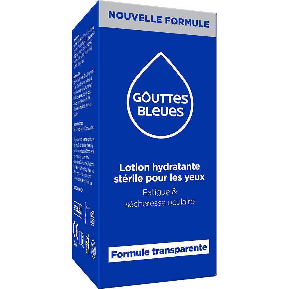 Blaue Schachtel mit weißem Tropfen-Logo und Text. Neue Formel. Sterile, hydratisierende Augenlotion.
