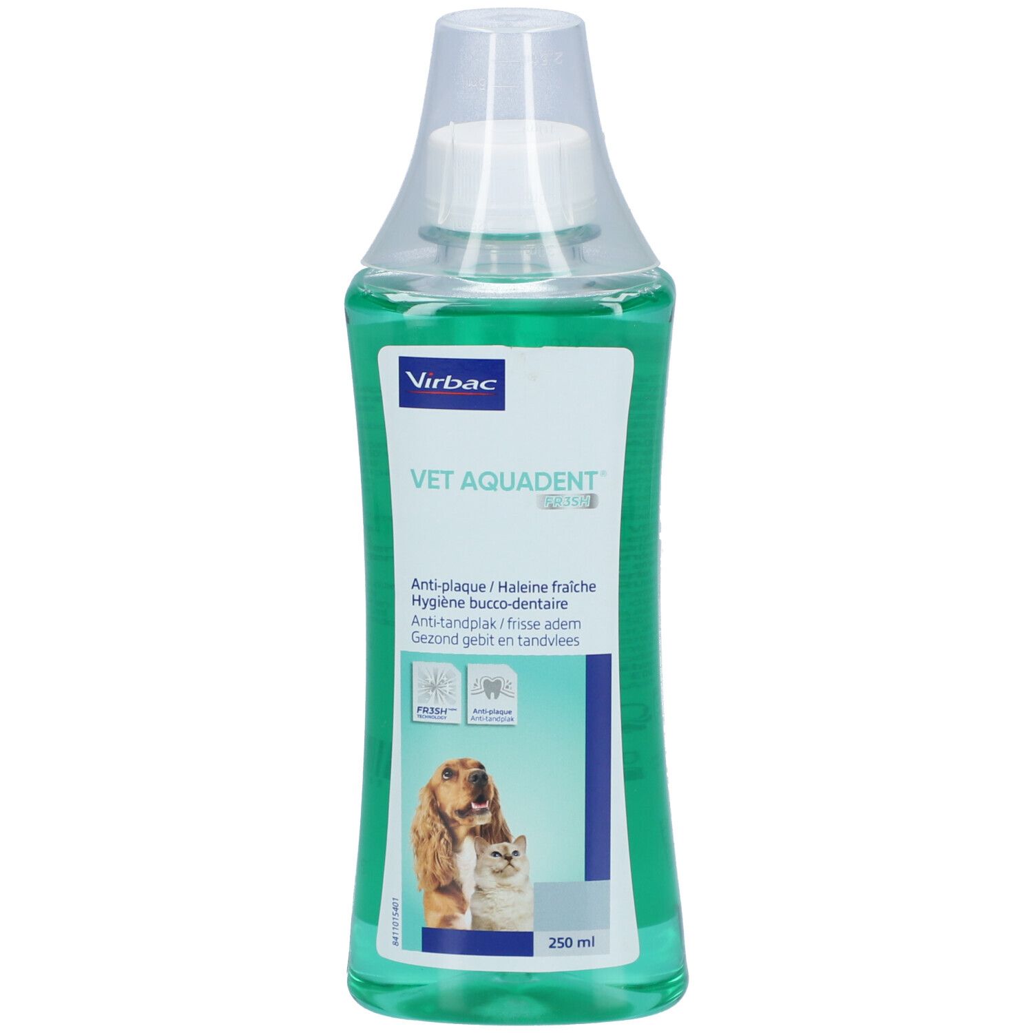 Flacon vert avec bouchon blanc. Inscription: Vet Aquadent FRESH. Image d'un chien et d'un chat.