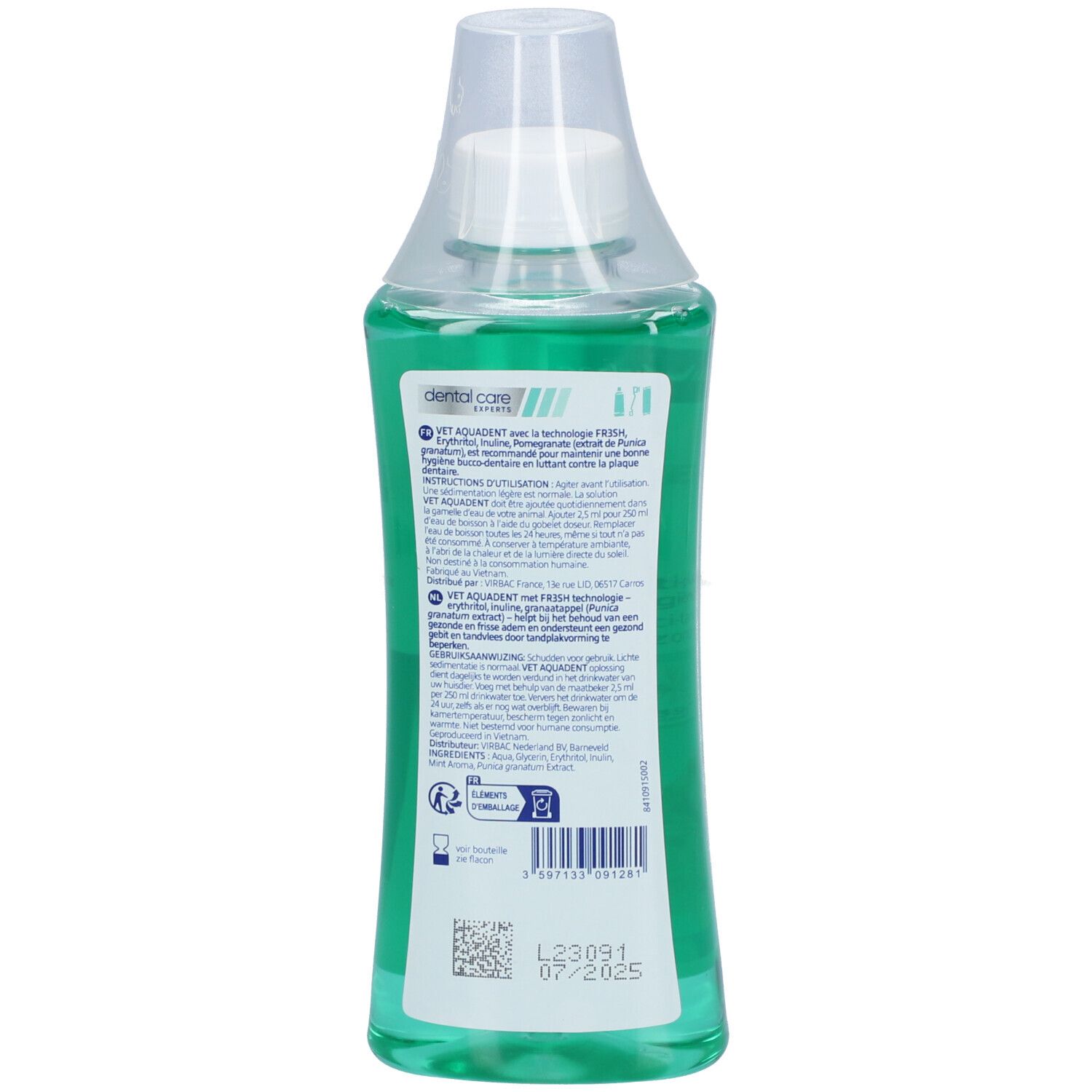 Vue arrière d'une bouteille verte avec bouchon blanc. Texte: Vet Aquadent FRESH. Étiquette avec informations.