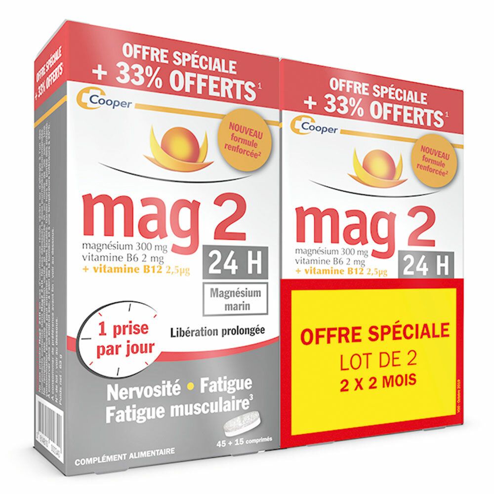 MAG 2 24H, complément alimentaire au magnésium marin - lot de 2 45+15 comprimés