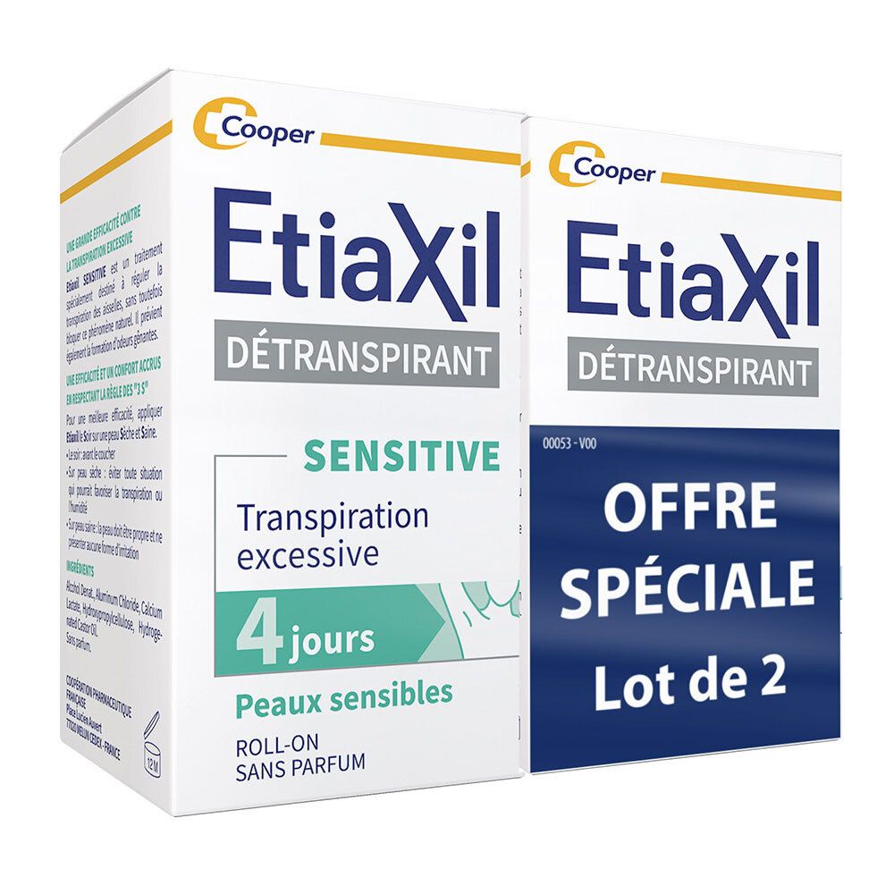Deux boîtes EtiaXil. Inscription: DÉTRANSPIRANT, Sensitive, 4 jours, Peaux sensibles, Roll-on, sans parfum. Logo Cooper.