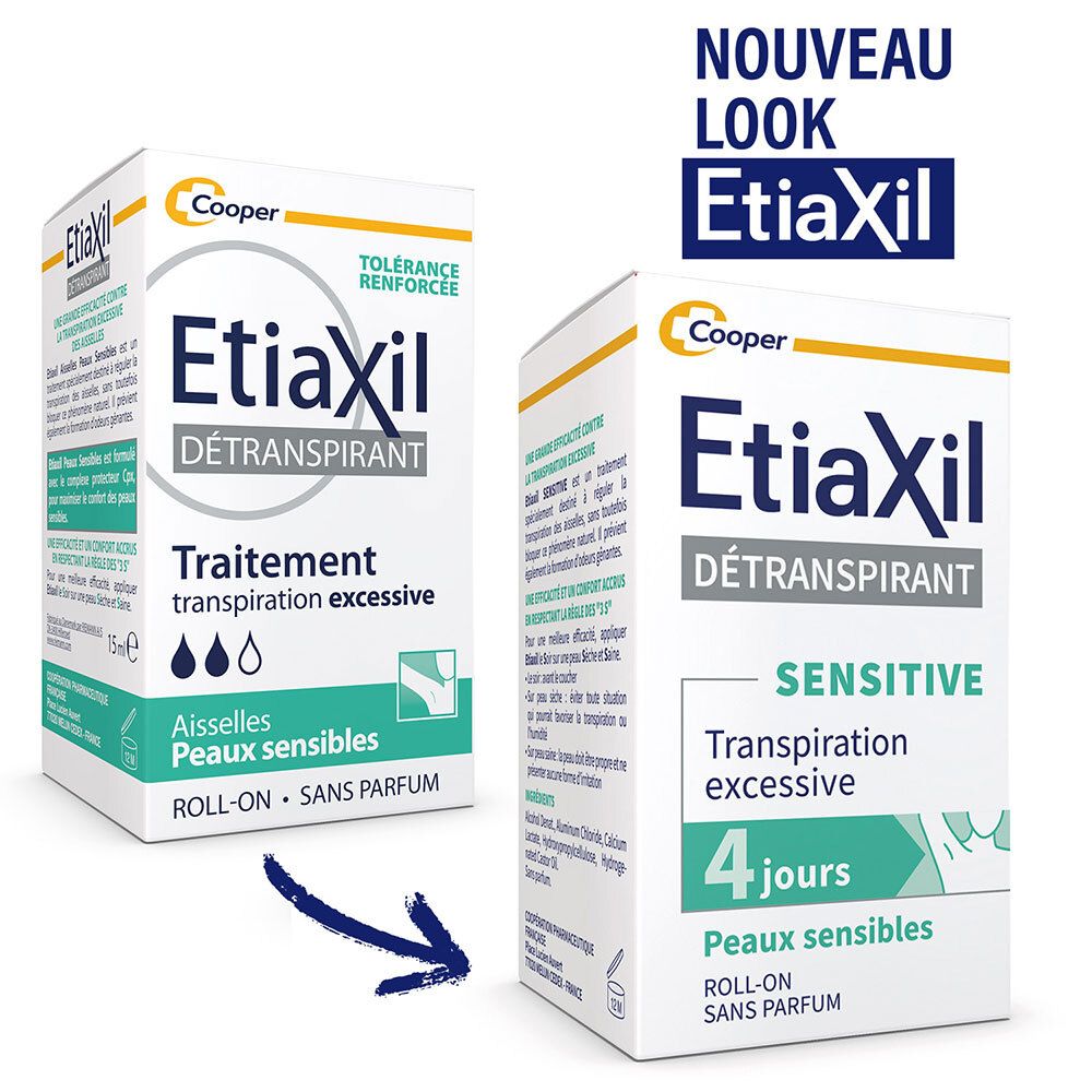 Deux boîtes EtiaXil. Inscription: DÉTRANSPIRANT, traitement transpiration excessive, aisselles, peaux sensibles. Logo Cooper.