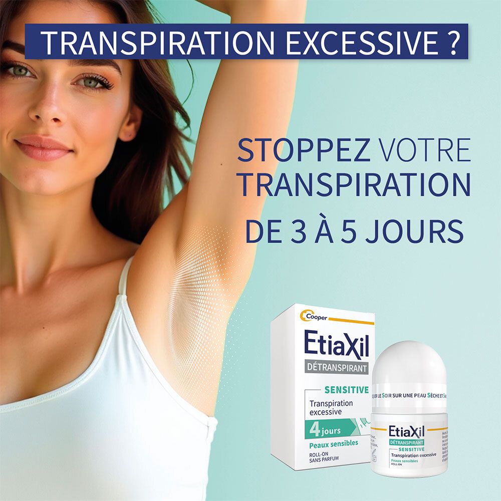 Femme avec bras levé. Texte: Stoppez votre transpiration pendant 3 à 5 jours. Roll-on et emballage EtiaXil.