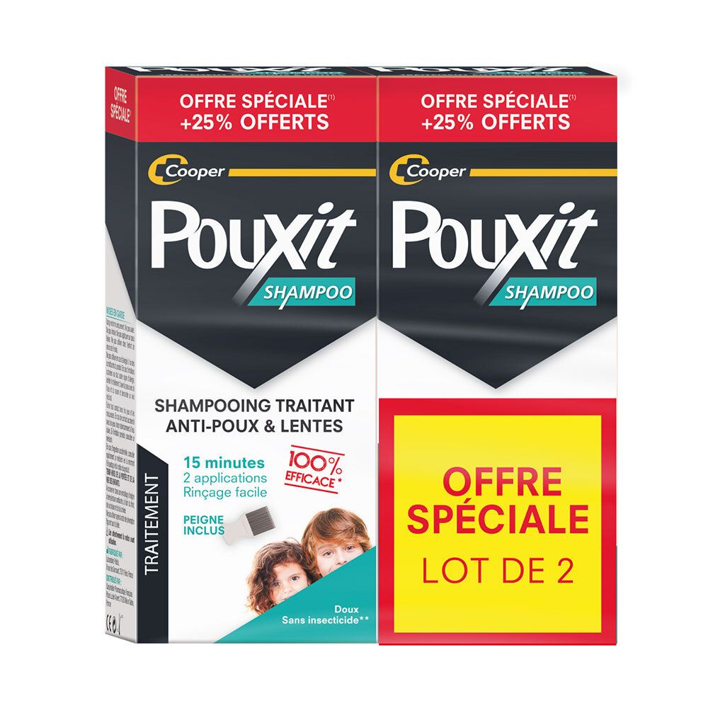 Deux boîtes de PouXit Shampoo. Texte : "Offre Spéciale +25% Offerts". Inscription : "Shampooing traitant anti-poux & lentes".