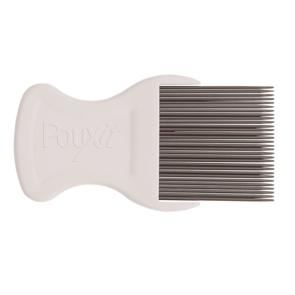 Peigne à poux blanc avec dents métalliques. Logo PouXit sur le manche. Dents rapprochées.