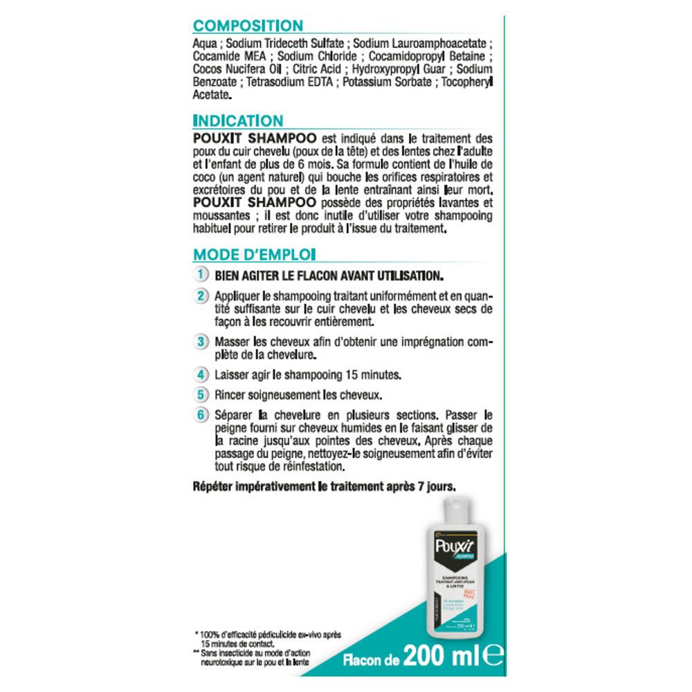 Dos de l'emballage du shampooing PouXit. Contient des informations sur les ingrédients, l'utilisation et les précautions.