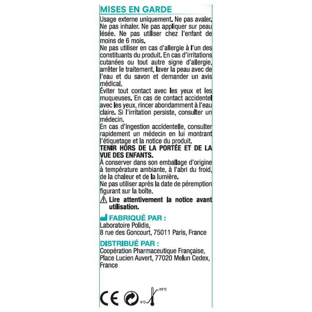 Dos de l'emballage du shampooing PouXit. Contient des informations sur les précautions, le fabricant et la distribution.