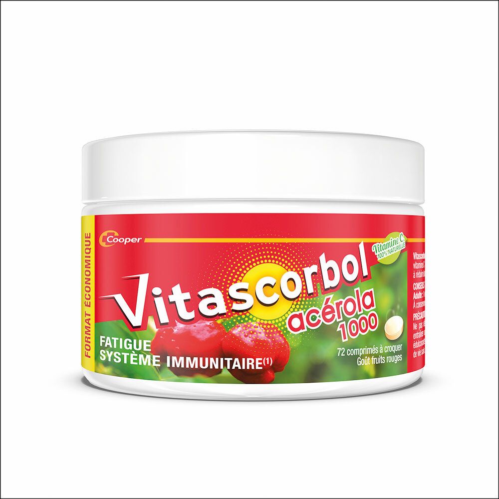 Pot blanc avec étiquette rouge. Inscription: Vitascorbol Acerola 1000. 72 comprimés. Fruits rouges.