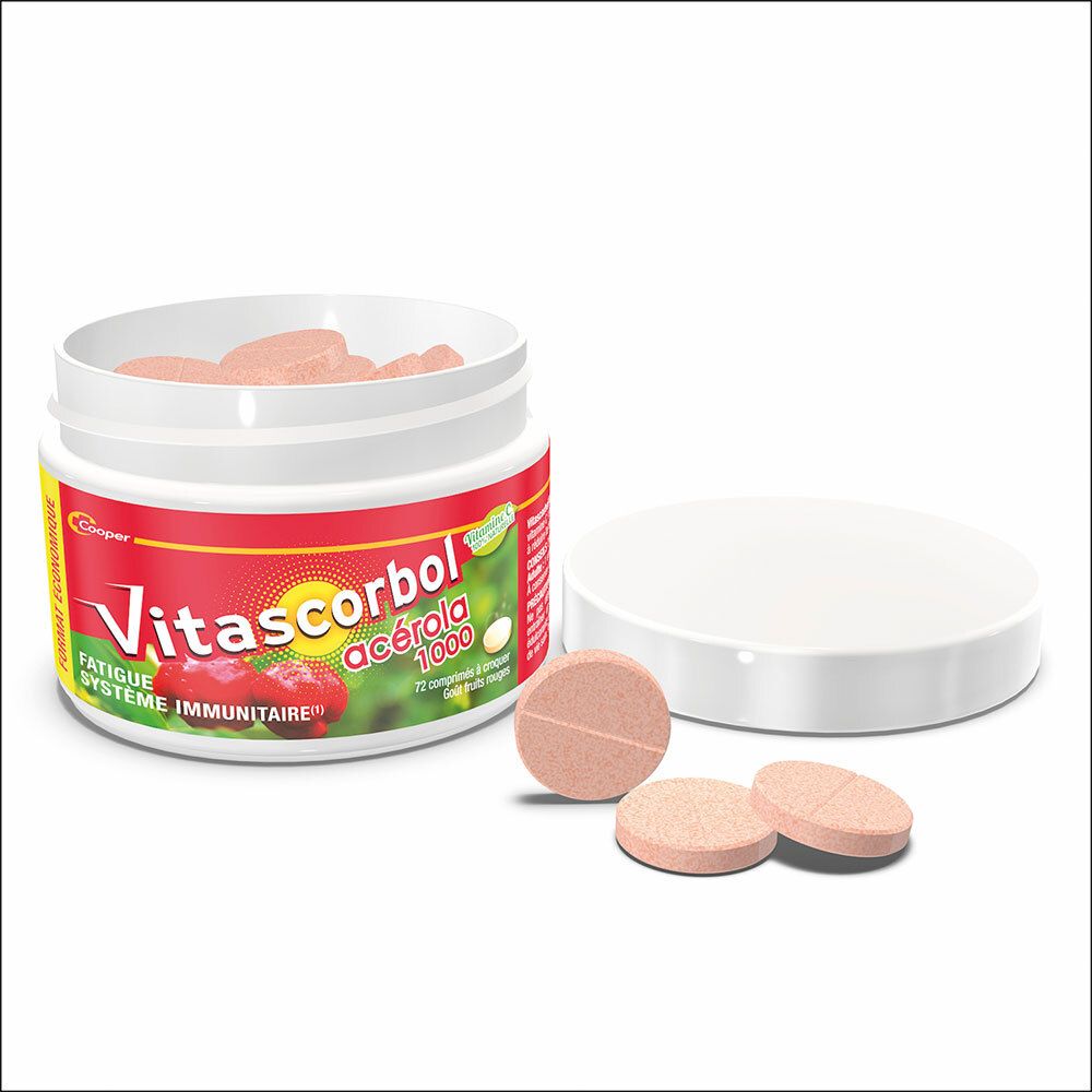 Pot blanc ouvert avec comprimés. Couvercle et comprimés à côté. Inscription: Vitascorbol Acerola 1000.