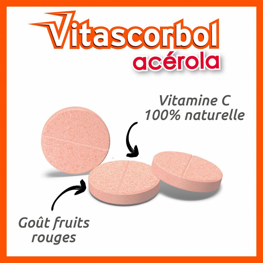 Trois comprimés avec inscription Vitascorbol Acerola. Texte: Vitamine C 100% naturelle. Goût fruits rouges.