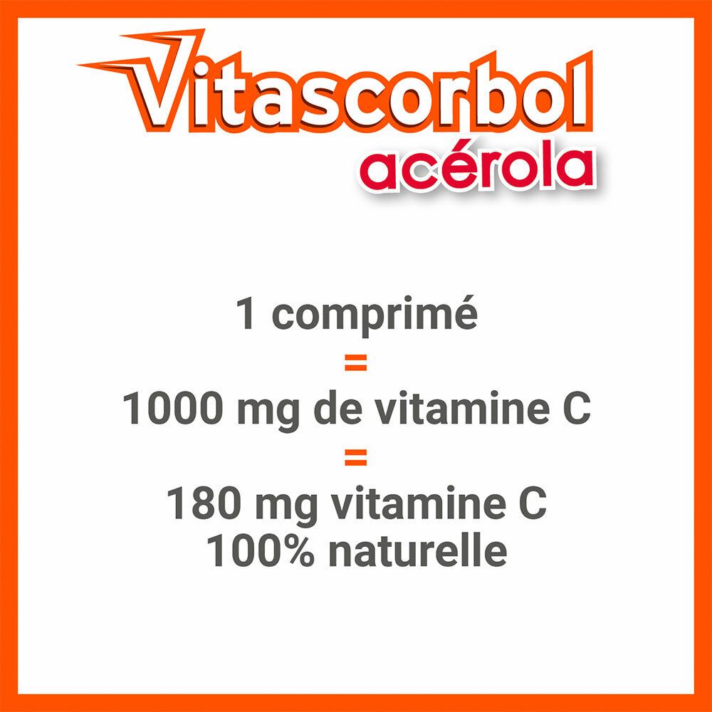 Texte: 1 comprimé = 1000 mg de vitamine C = 180 mg vitamine C 100% naturelle.