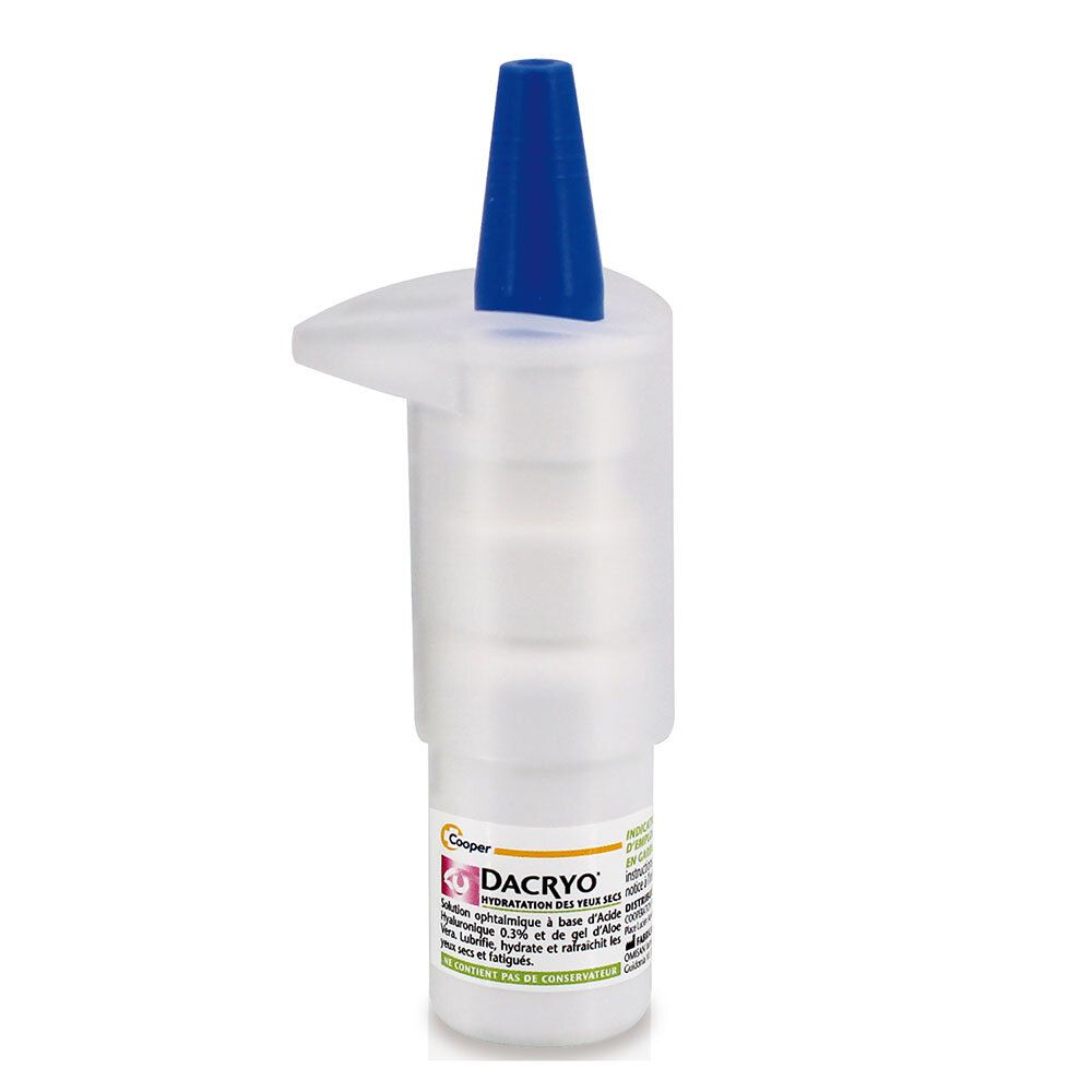 Witte fles met blauwe dop en beschermhoes. Bevat een vloeistof. Productnaam op het etiket.