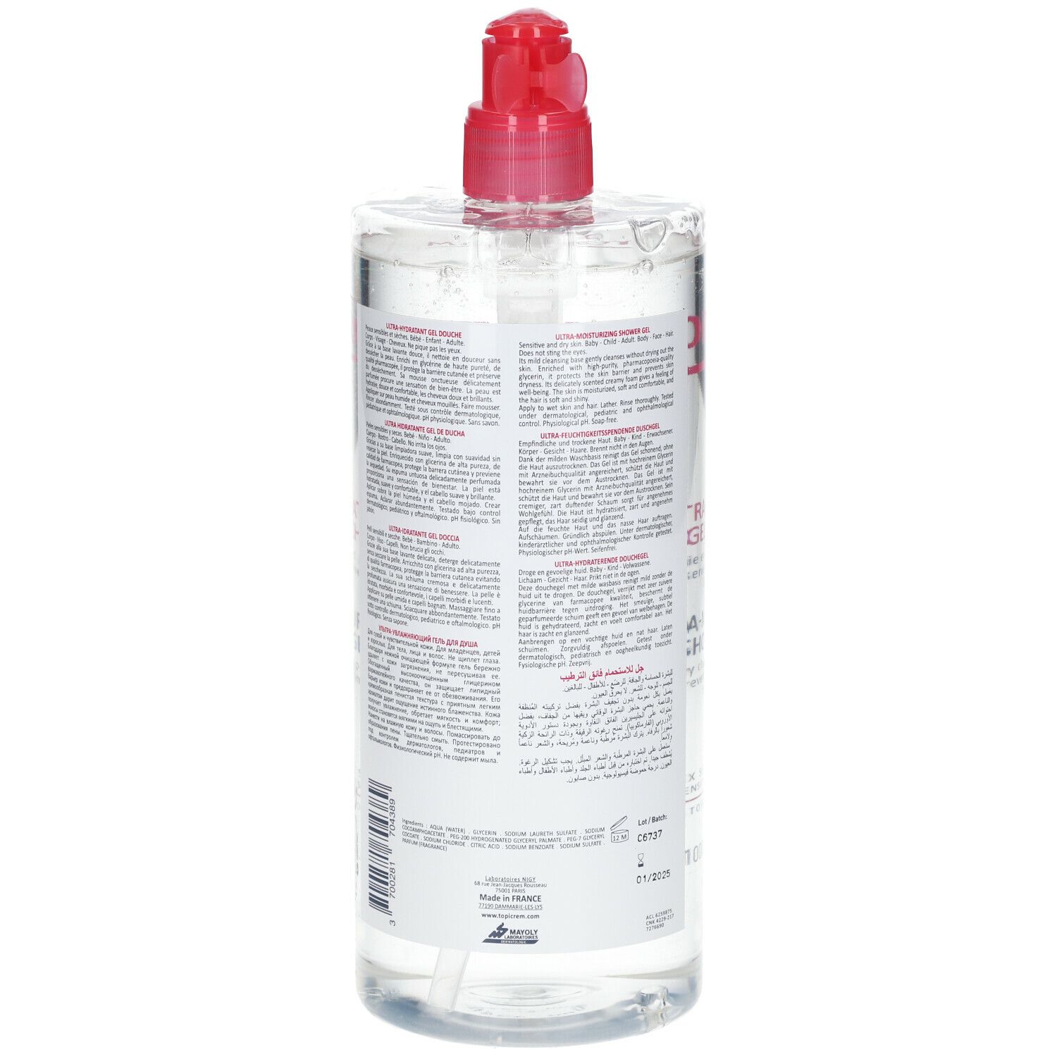Flacon transparent avec pompe rouge. Texte au dos. Pompe et tube visibles.