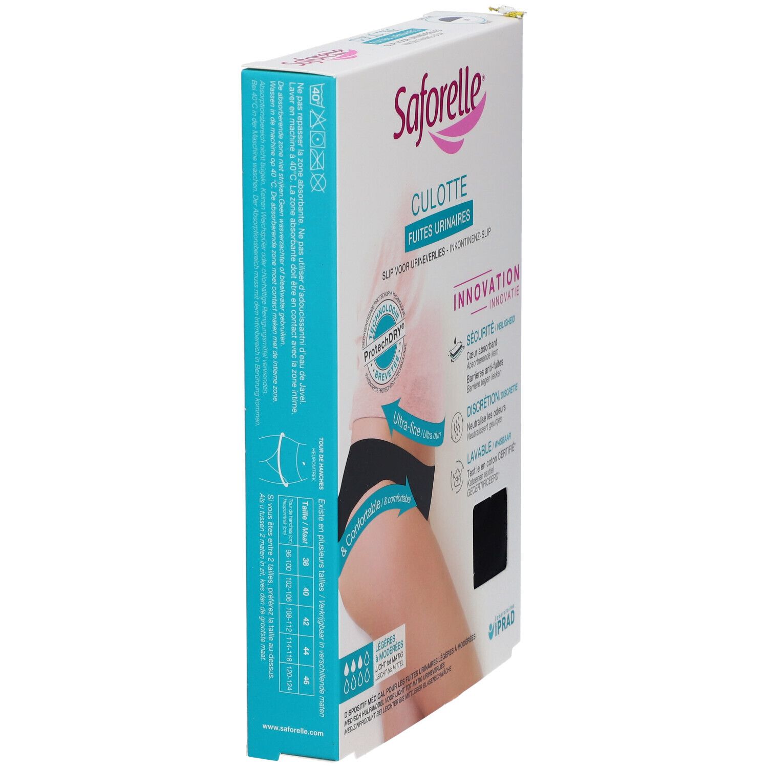 Zijaanzicht van de Saforelle Culotte Fuites Urinaires verpakking. Zwarte slip, maat 38. Tekst.