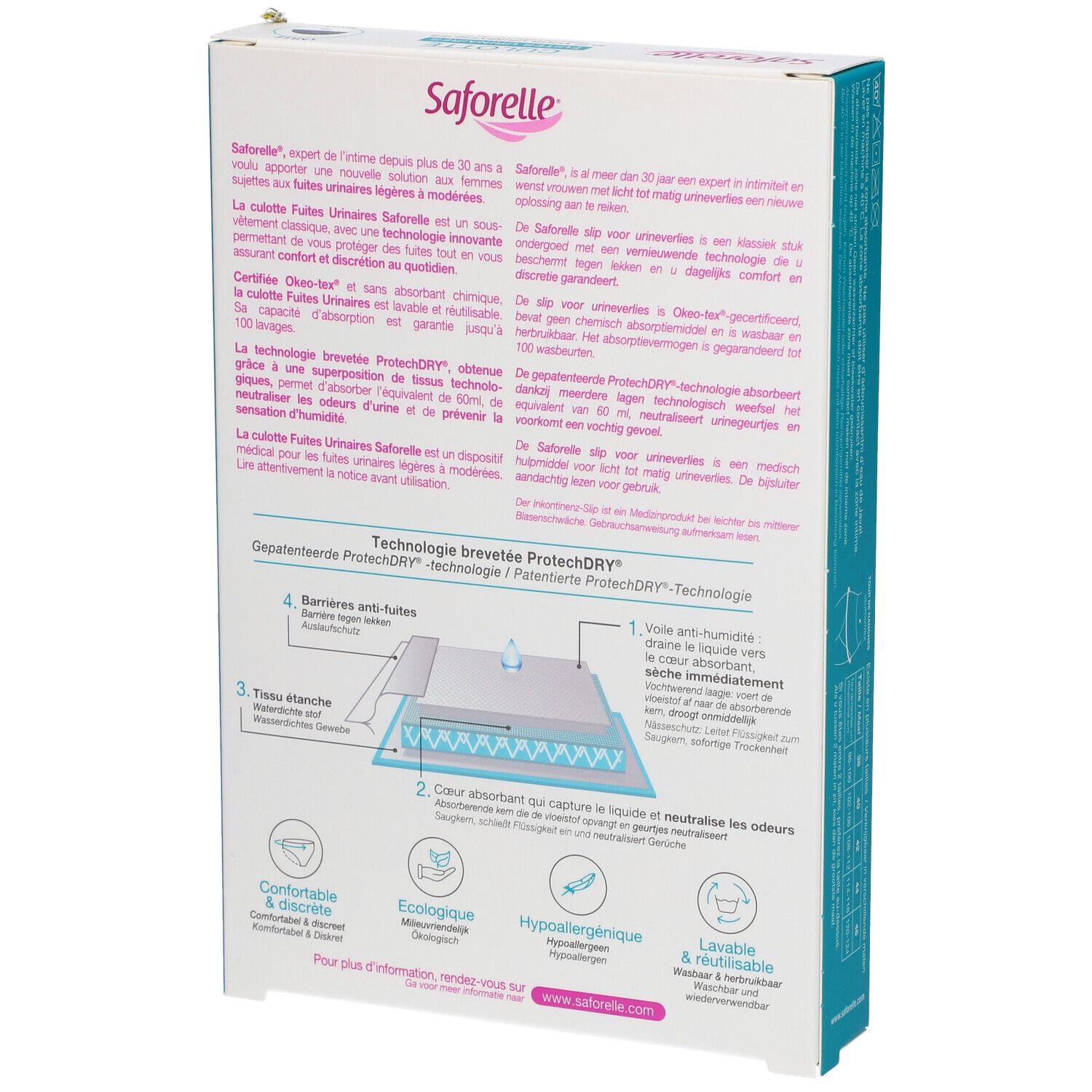 Achterkant van de Saforelle Culotte Fuites Urinaires verpakking. Meertalige tekst. Illustraties.