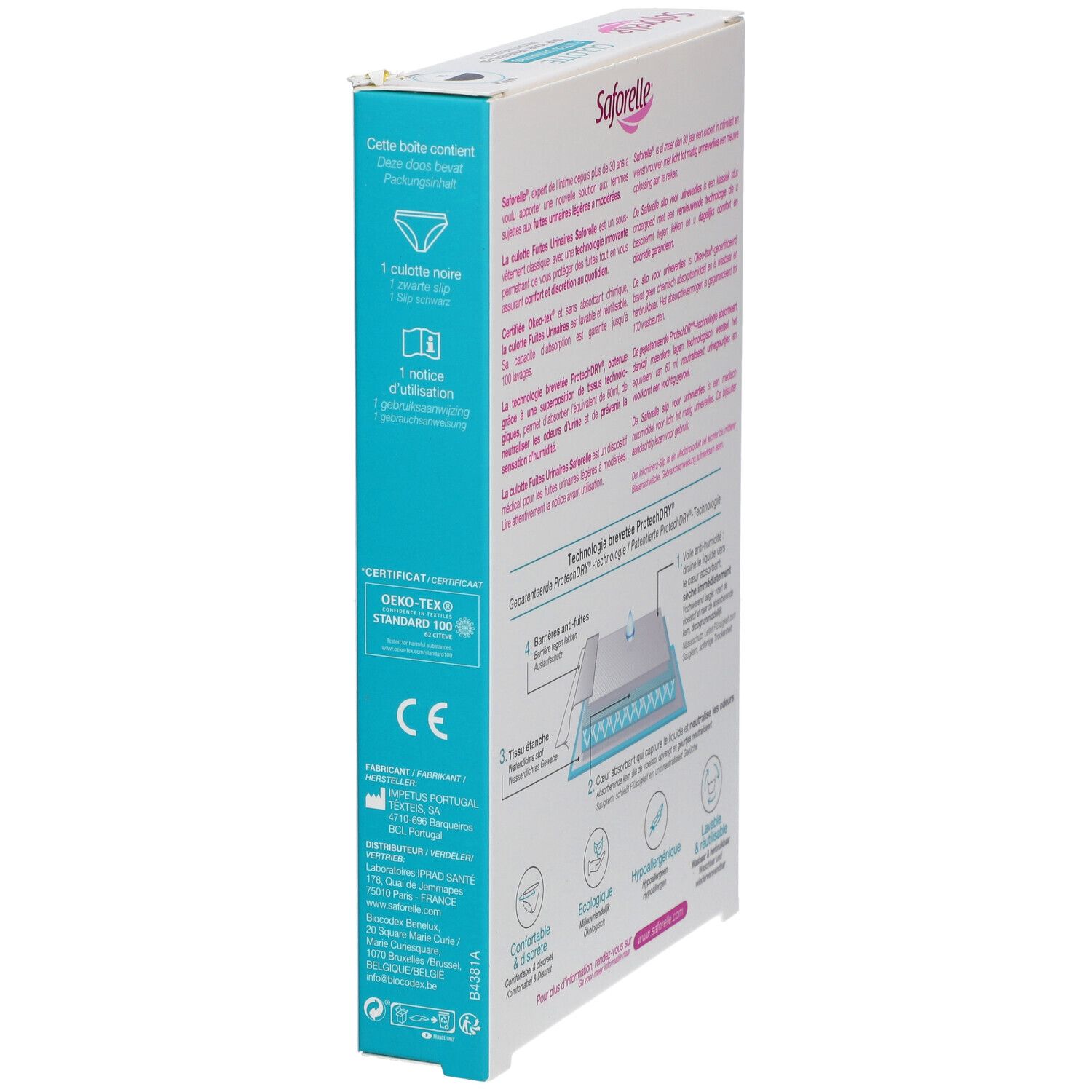 Zijaanzicht van de Saforelle Culotte Fuites Urinaires verpakking. Tekst, certificeringen en CE-markering.