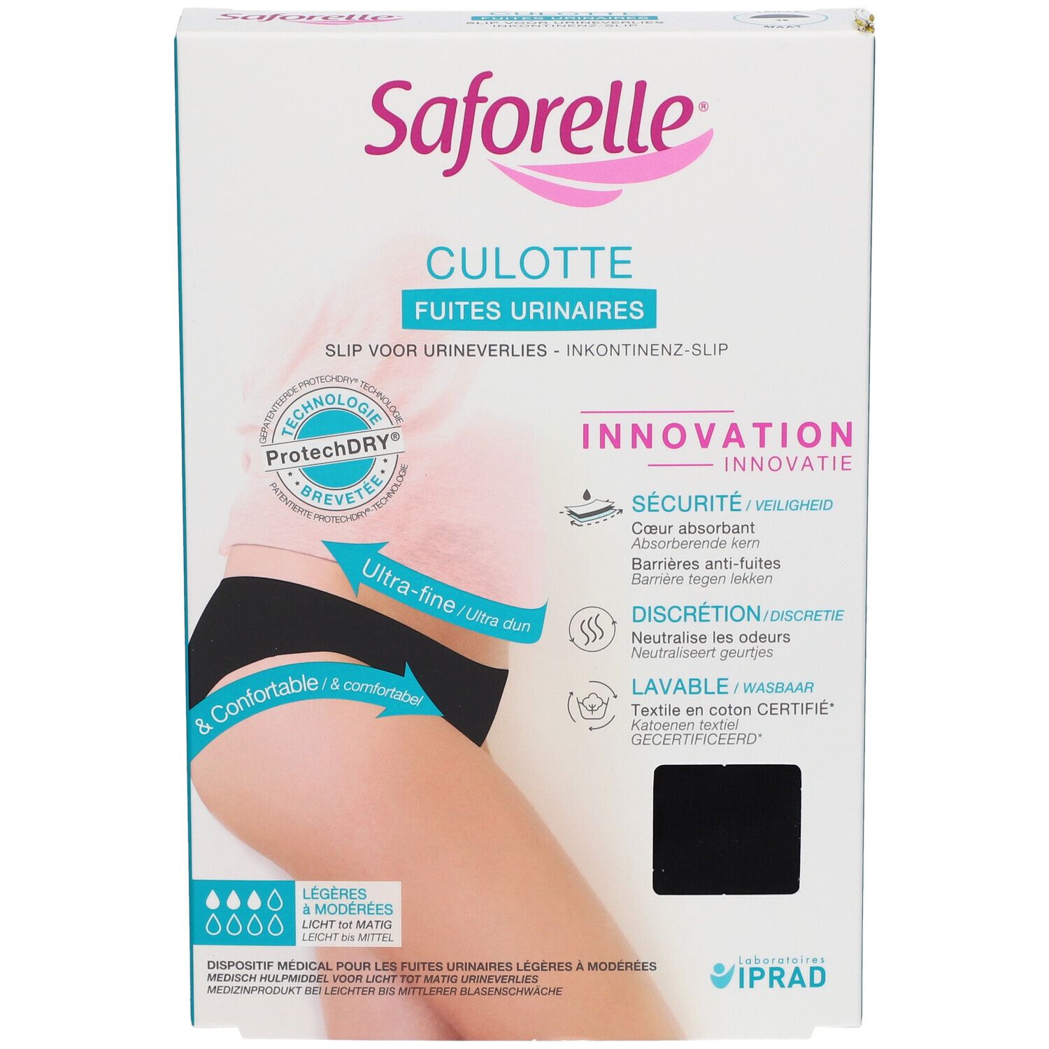 Saforelle Culotte Fuites Urinaires verpakking. Zwarte slip, maat 38. Tekst en illustraties.