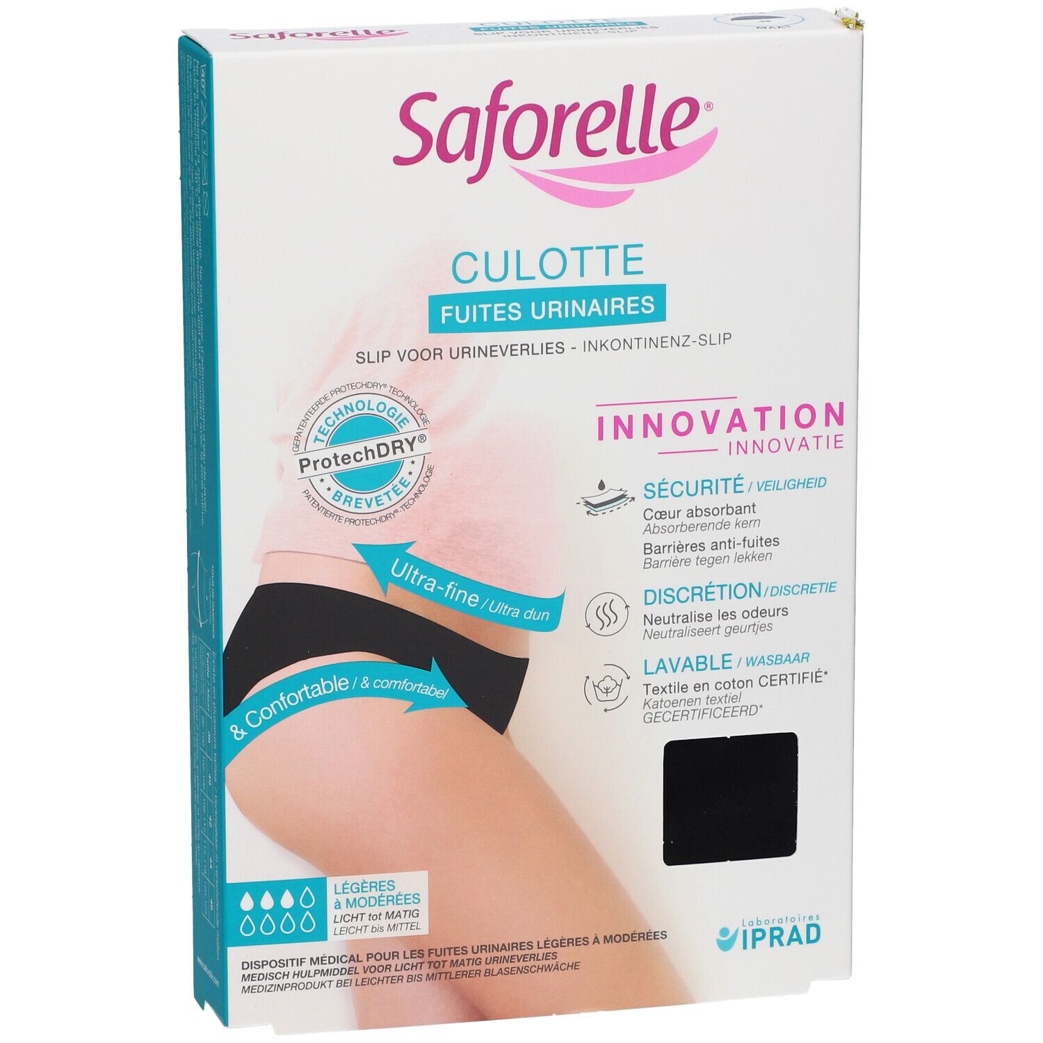 Saforelle Culotte Fuites Urinaires verpakking. Zwarte slip, maat 38. Tekst en illustraties.