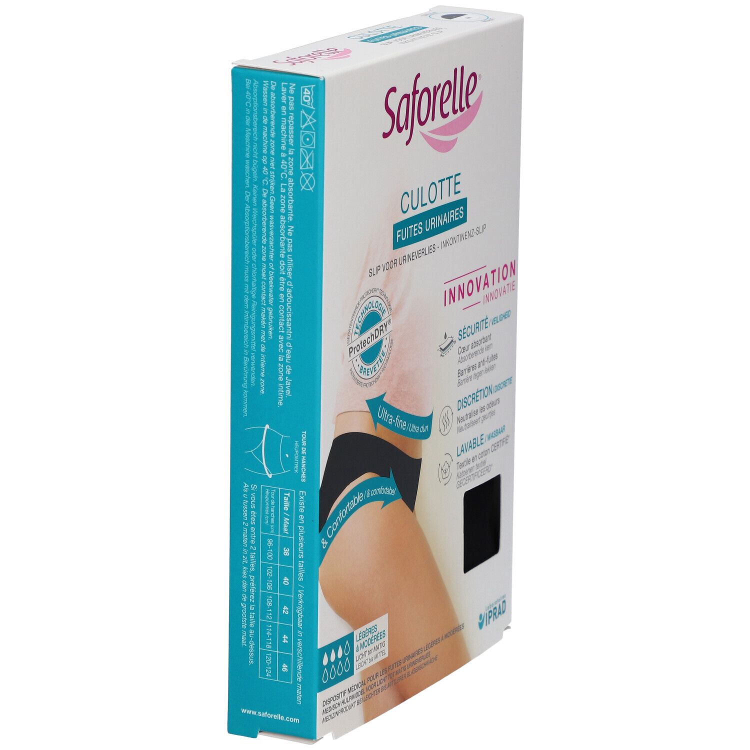 Verpakking Saforelle Culotte Fuites Urinaires. Zijaanzicht met info en maattabel. Zwarte slip afgebeeld.