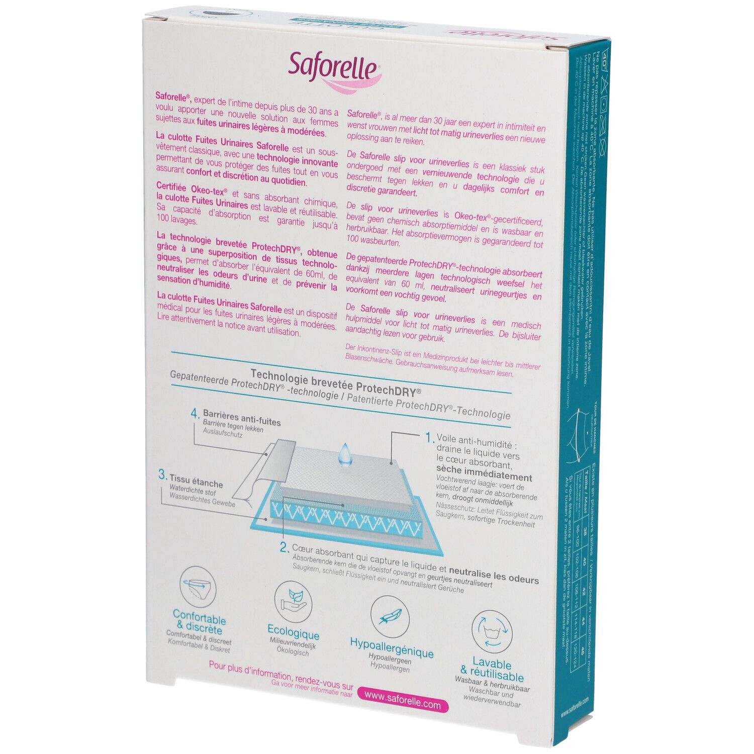 Achterkant verpakking Saforelle Culotte Fuites Urinaires. Productbeschrijving en technologie diagram. Wasbaar en herbruikbaar.