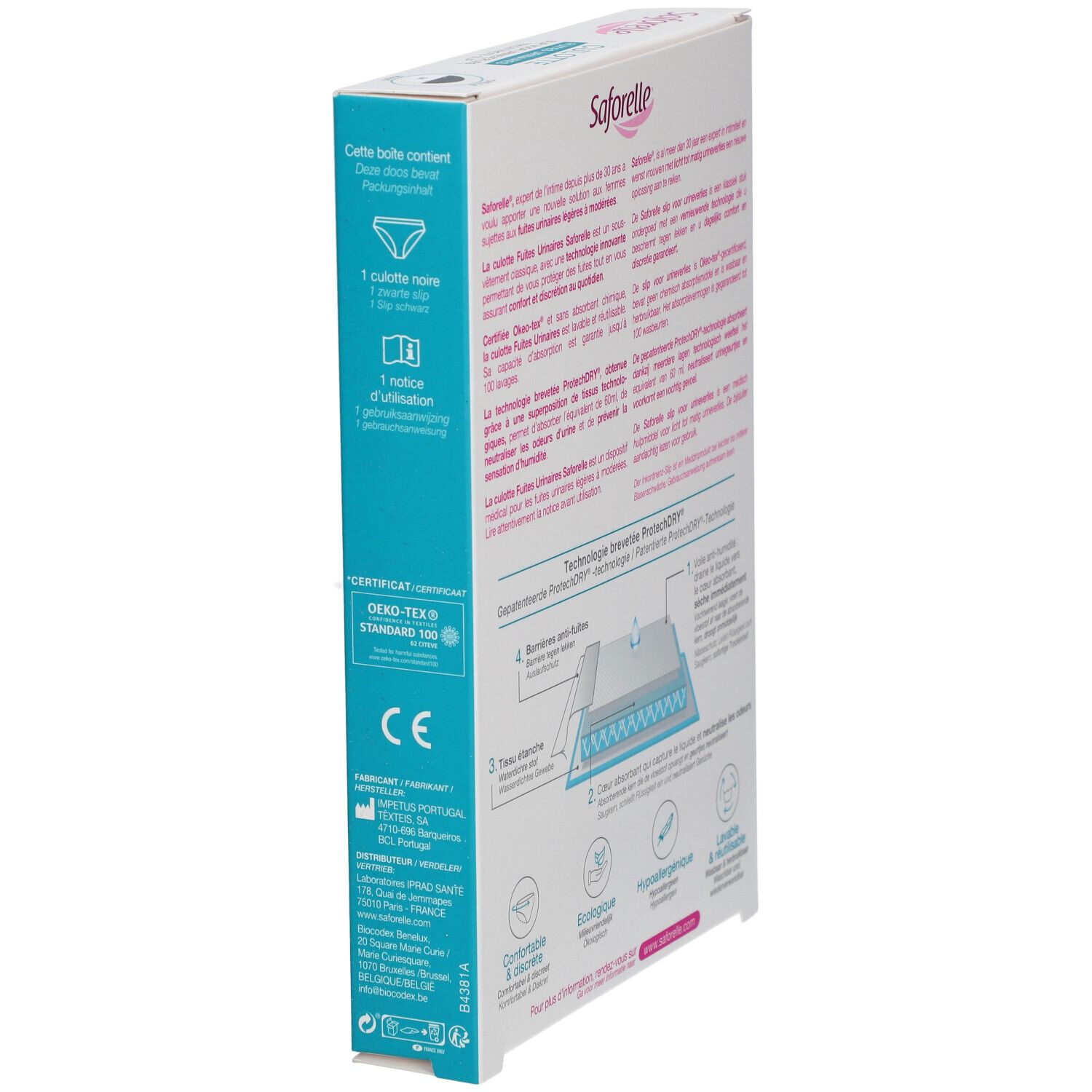 Verpakking Saforelle Culotte Fuites Urinaires. Bevat 1 slip, 1 gebruiksaanwijzing. Gecertificeerd Öko-Tex.