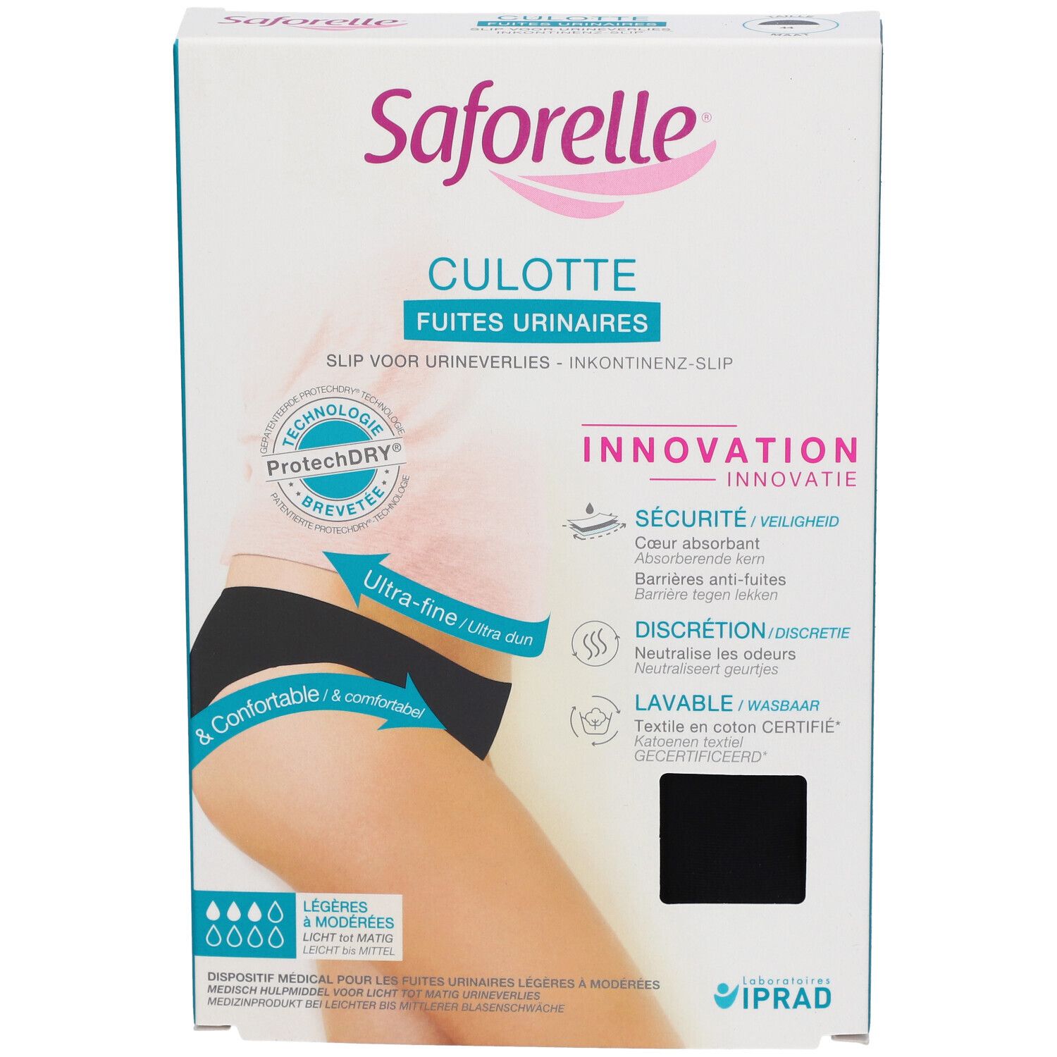 Verpakking Saforelle Culotte Fuites Urinaires. Zwarte slip op de verpakking. Tekst: Ultra-fijn, comfortabel.