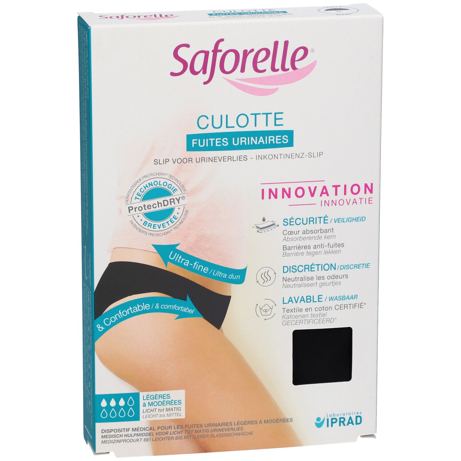 Verpakking Saforelle Culotte Fuites Urinaires. Zwarte slip op de verpakking. Tekst: Ultra-fijn, comfortabel.