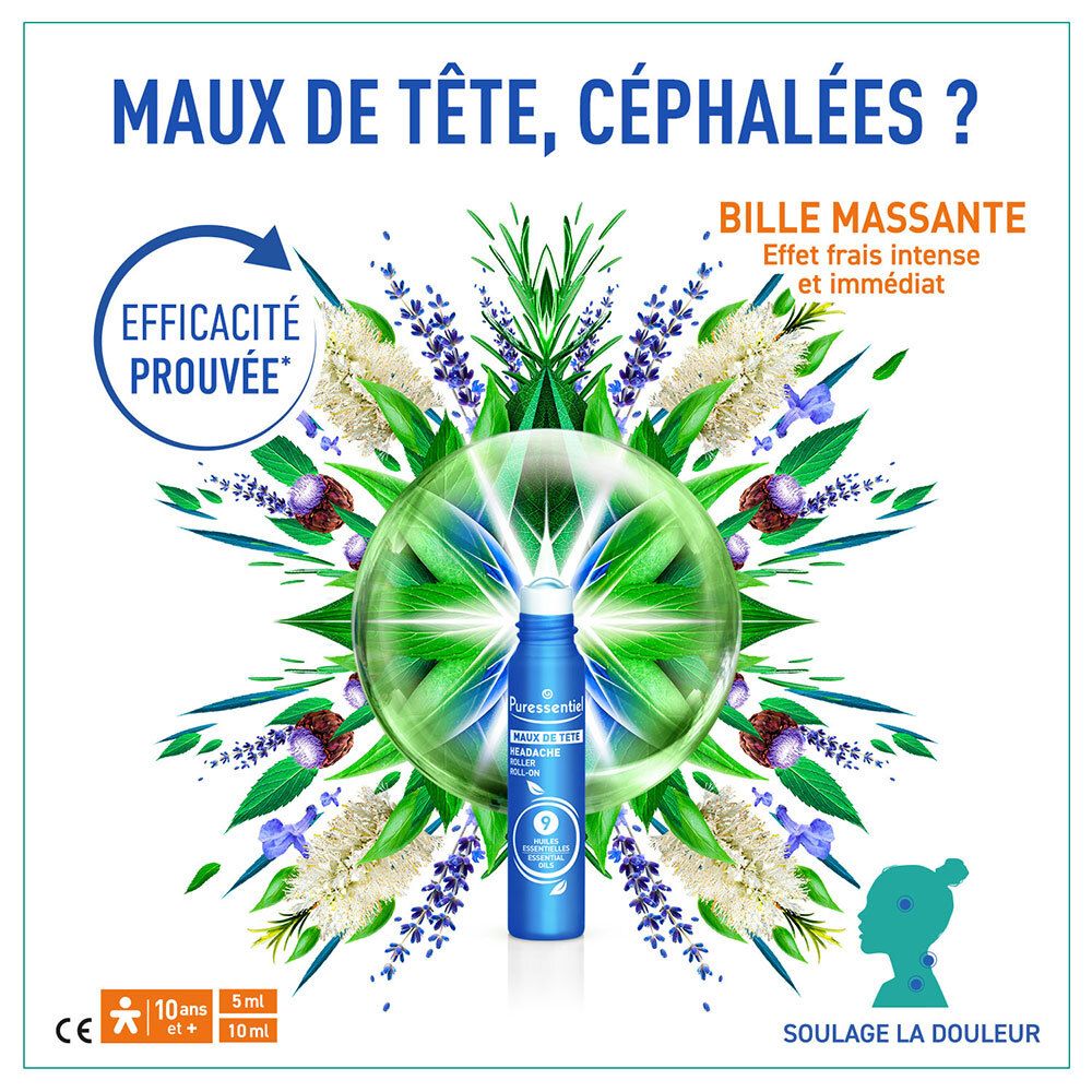 Roll-on bleu avec bouchon blanc. Texte : Maux de tête, efficacité prouvée. Entouré d'éléments floraux.