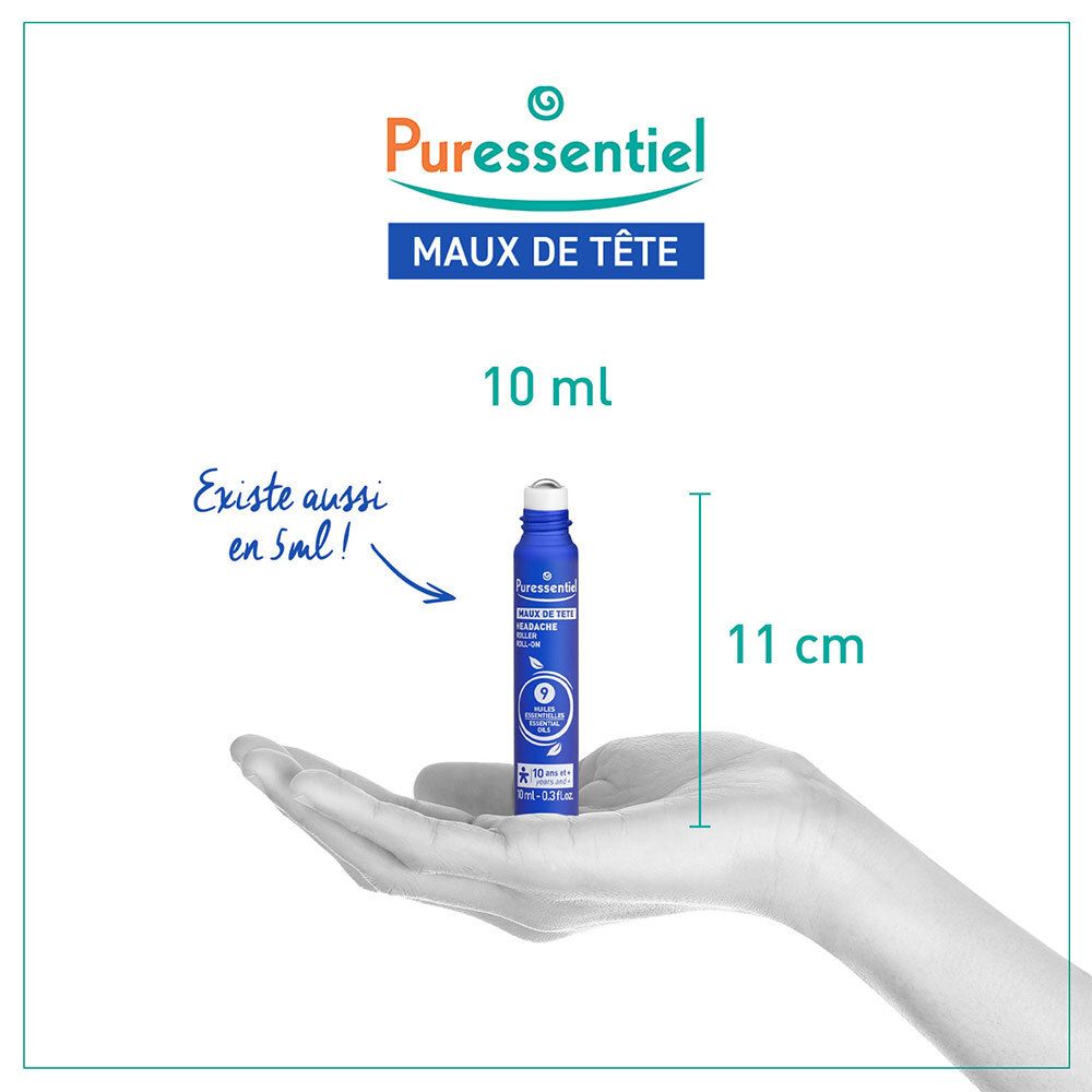 Roll-on bleu avec bouchon blanc. Main à côté. Texte : 10 ml, 11 cm. Existe aussi en 5 ml.