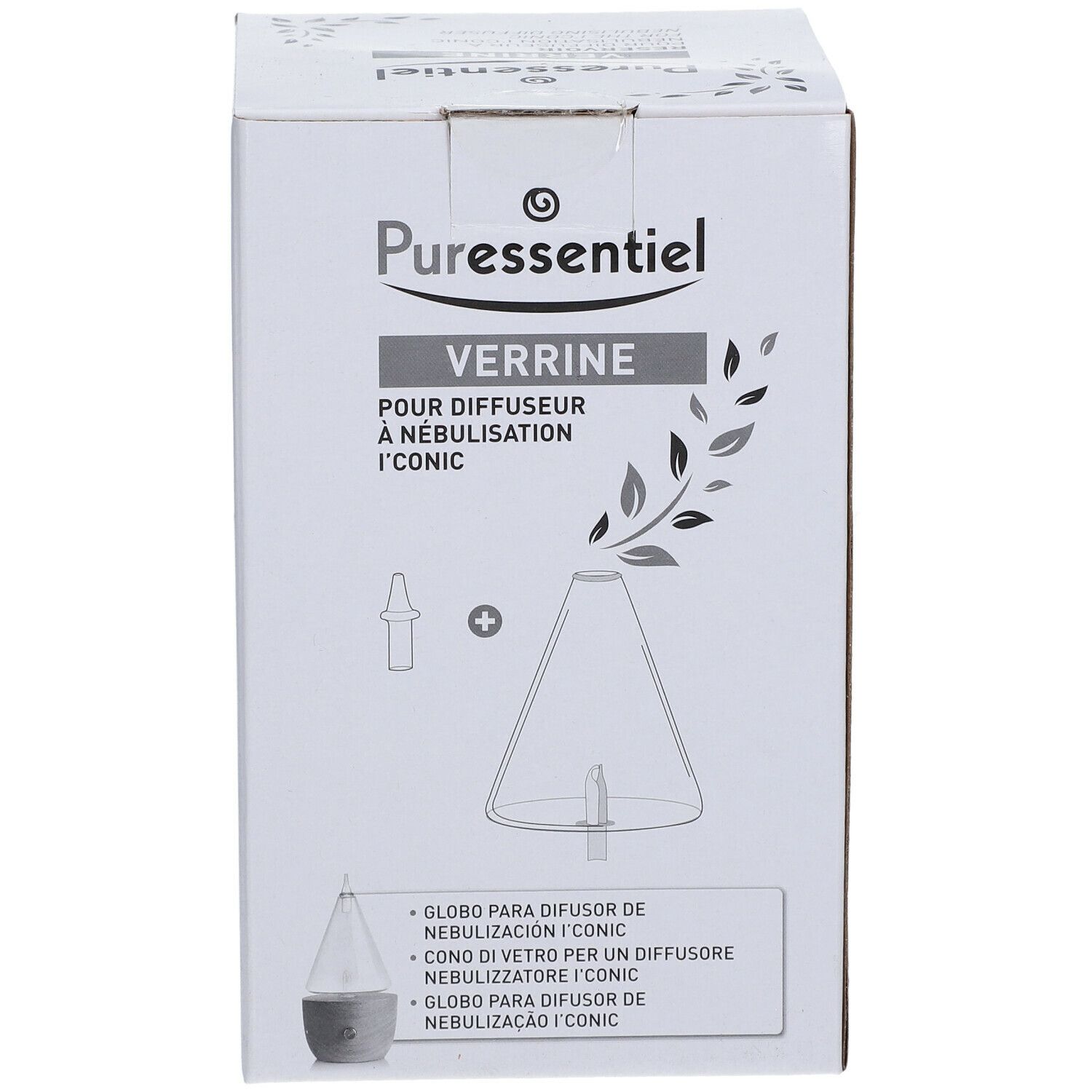 Boîte avec illustration du produit. Texte: Puressentiel, Verrine, pour diffuseur à nébulisation I'CONIC. Contient du verre pour le diffuseur.