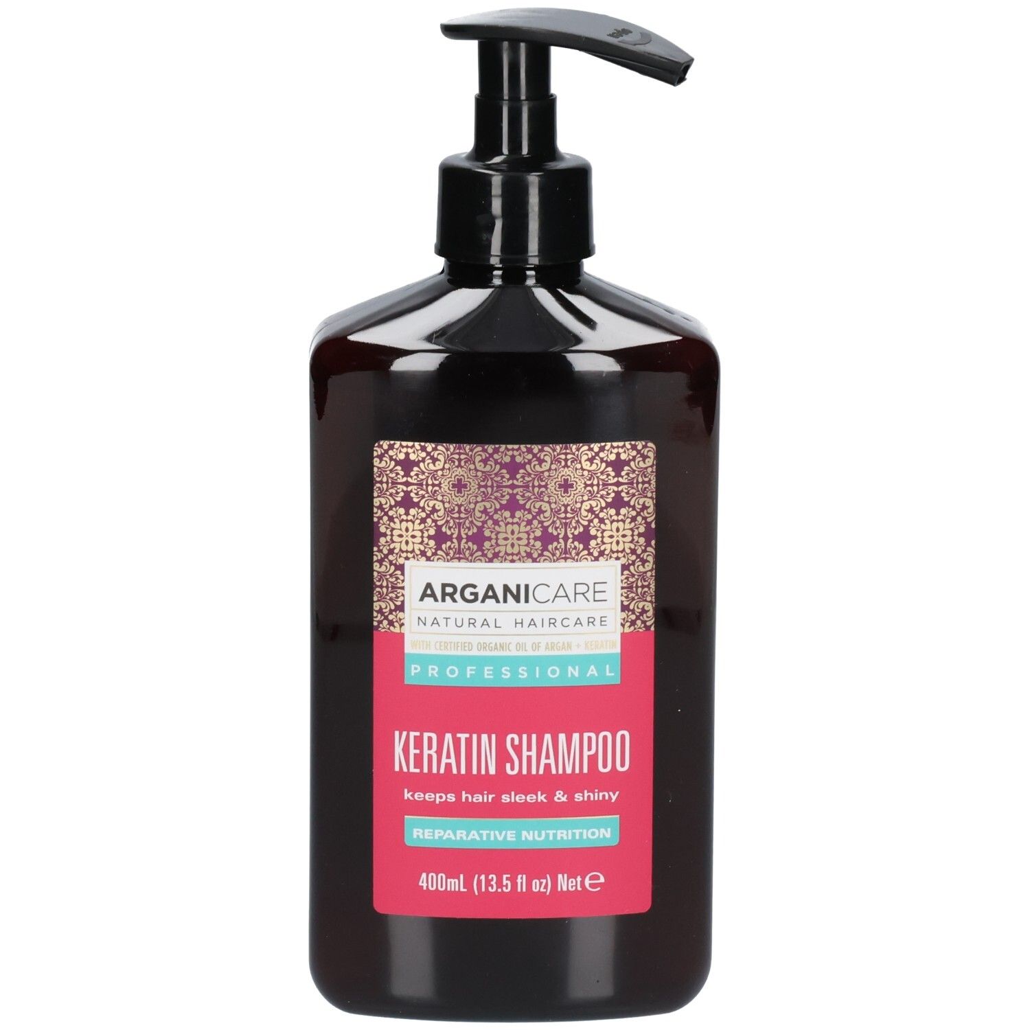 Arganicare Keratin Shampoo Flasche mit Pumpspender, 400ml. Reparaturnährend für glänzendes Haar.
