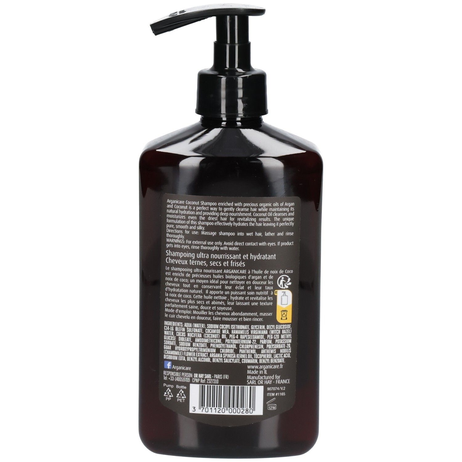 Rückseite einer Arganicare Kokosnuss Shampoo Spenderflasche mit Produktinformationen.
