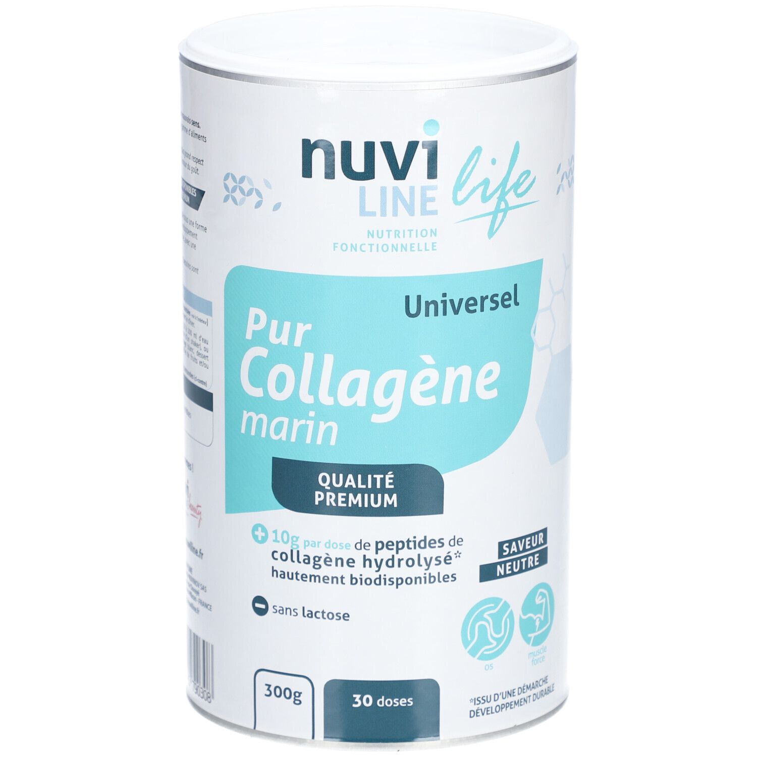 Boîte cylindrique "nuvi line". Inscription "Pur Collagène marin". Contient 30 doses, 300g. Saveur neutre.