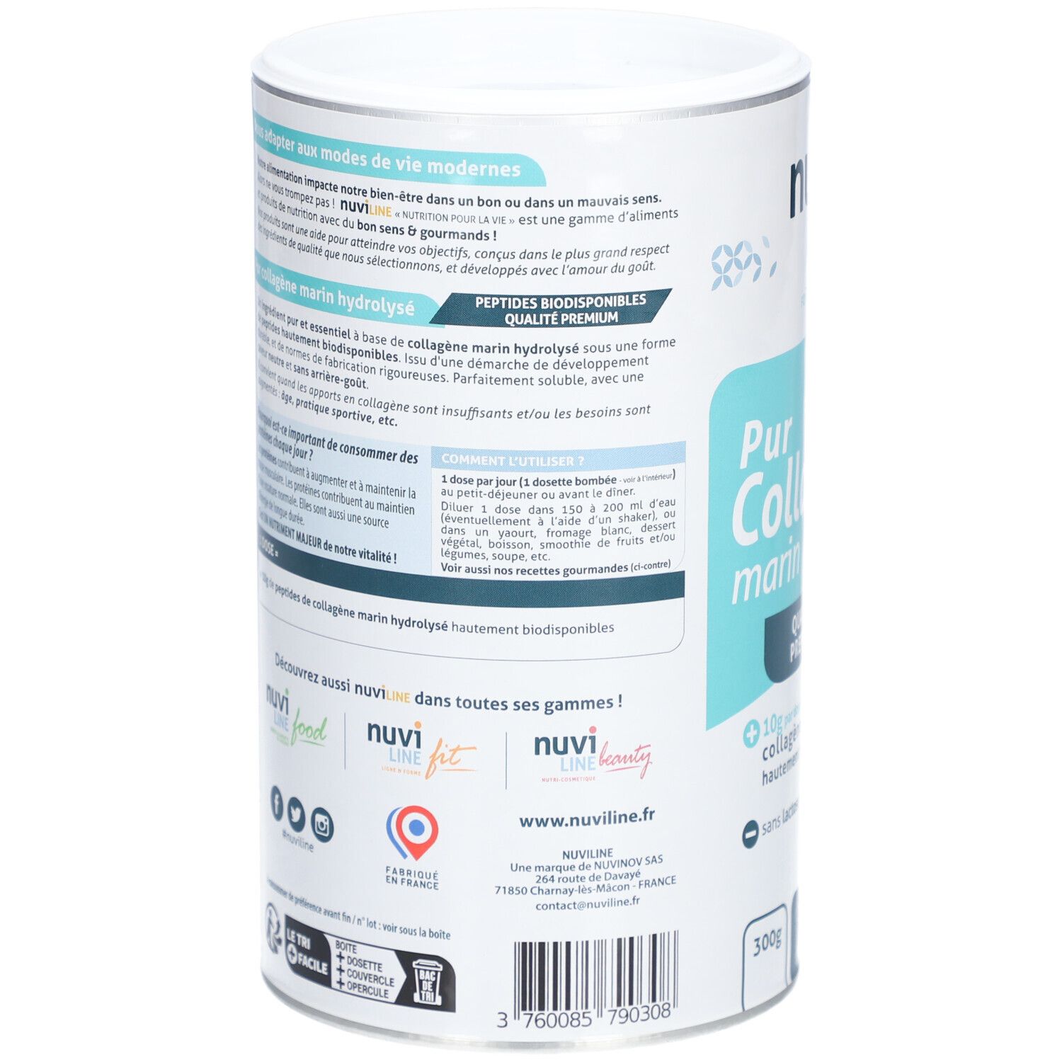 Dos de la boîte. Texte sur le collagène, ingrédients et informations nutritionnelles. Logos "nuvi line" et certifications.