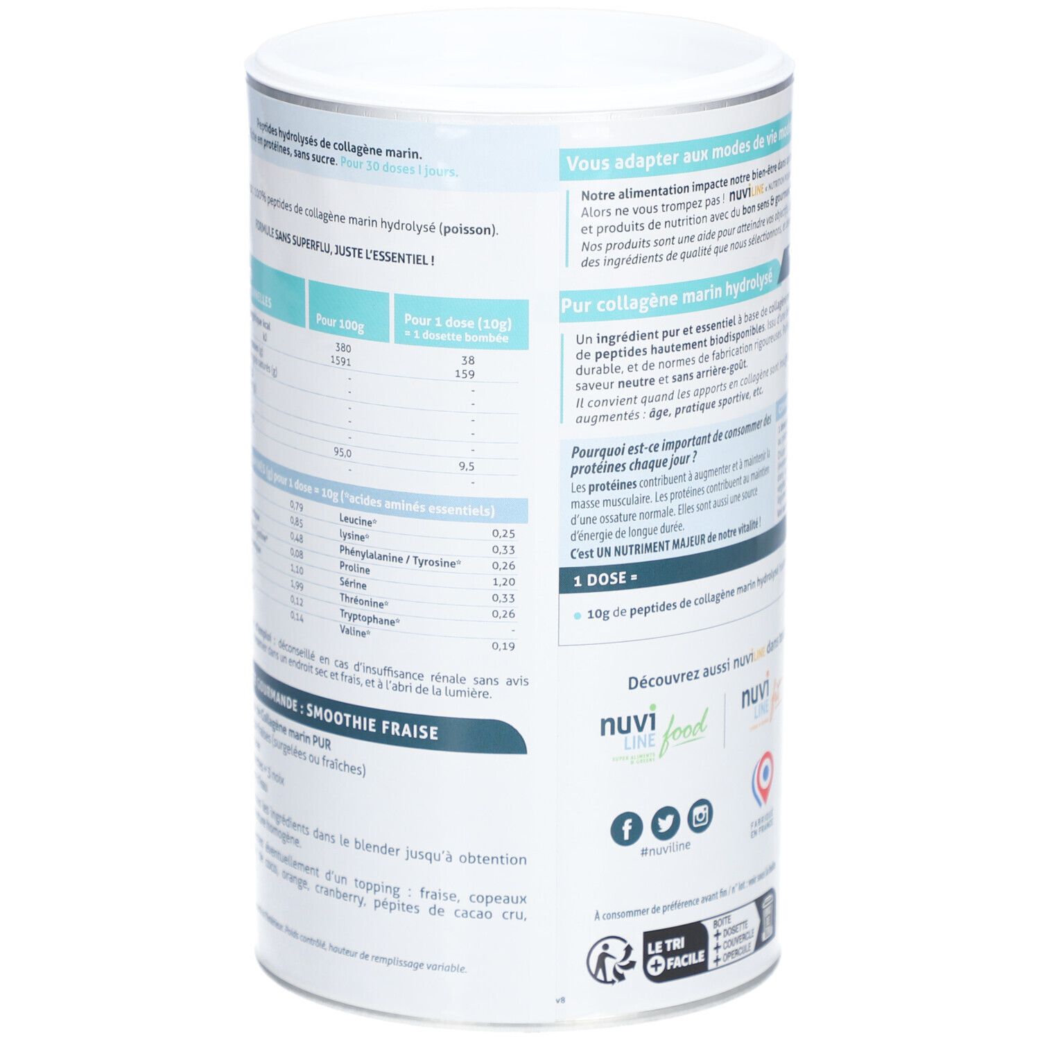 Dos de la boîte. Tableau nutritionnel et profil des acides aminés. Suggestion de recette de smoothie. Logos et certifications.